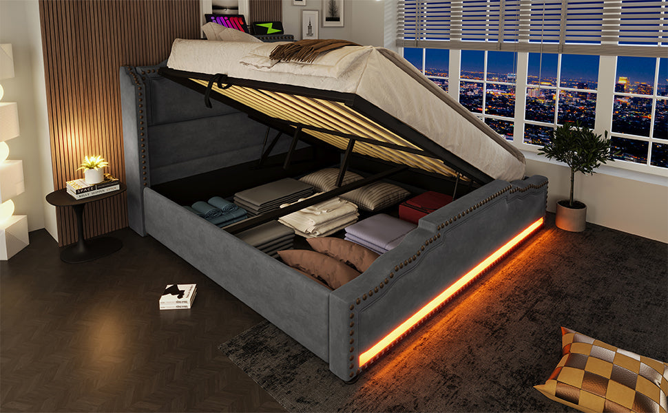 Logidon gestoffeerd bed 140x200 met hydraulische opbergruimte LED USB-C grijs