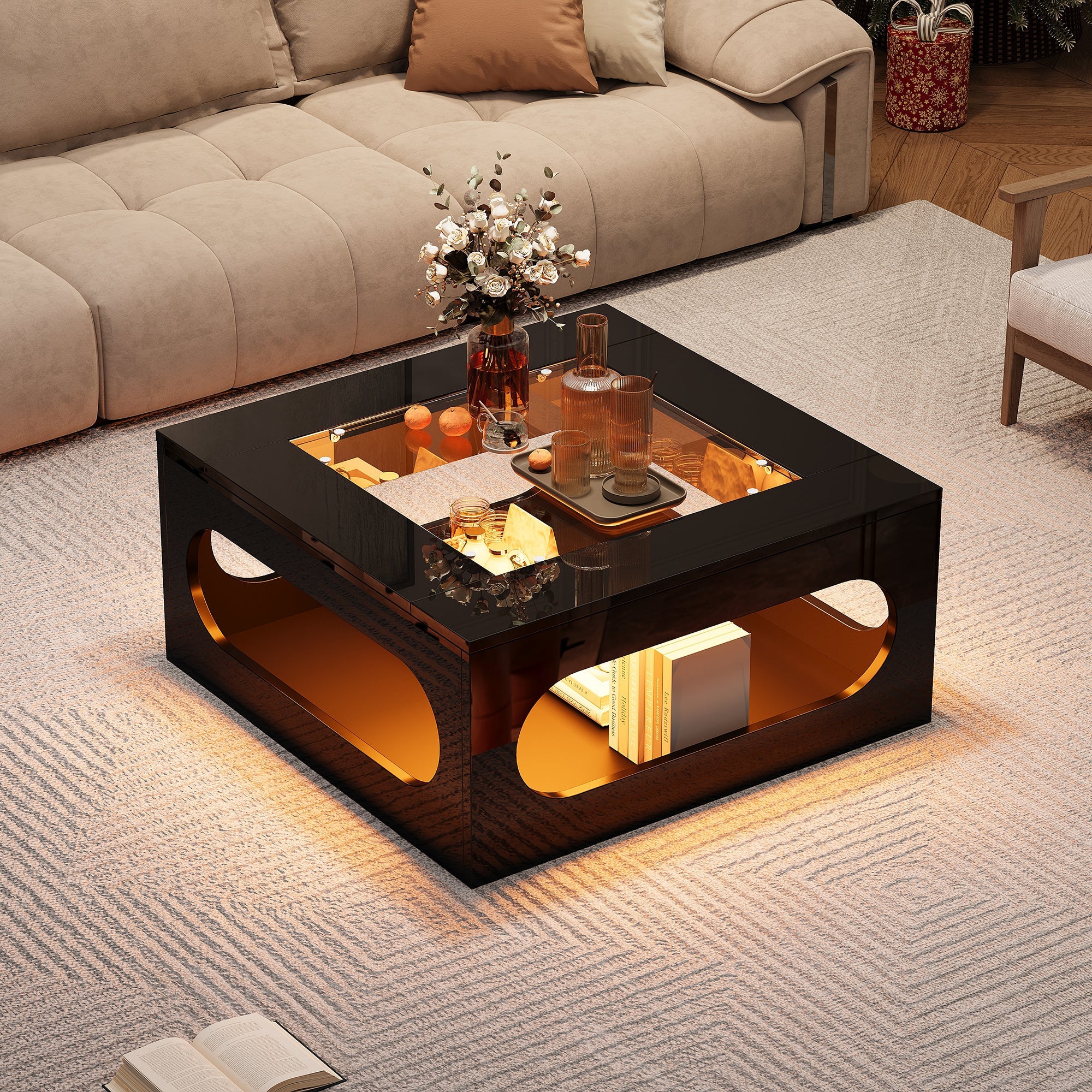 Logidon LED salontafel 70x70 cm vierkant zwart MDF glasblad
