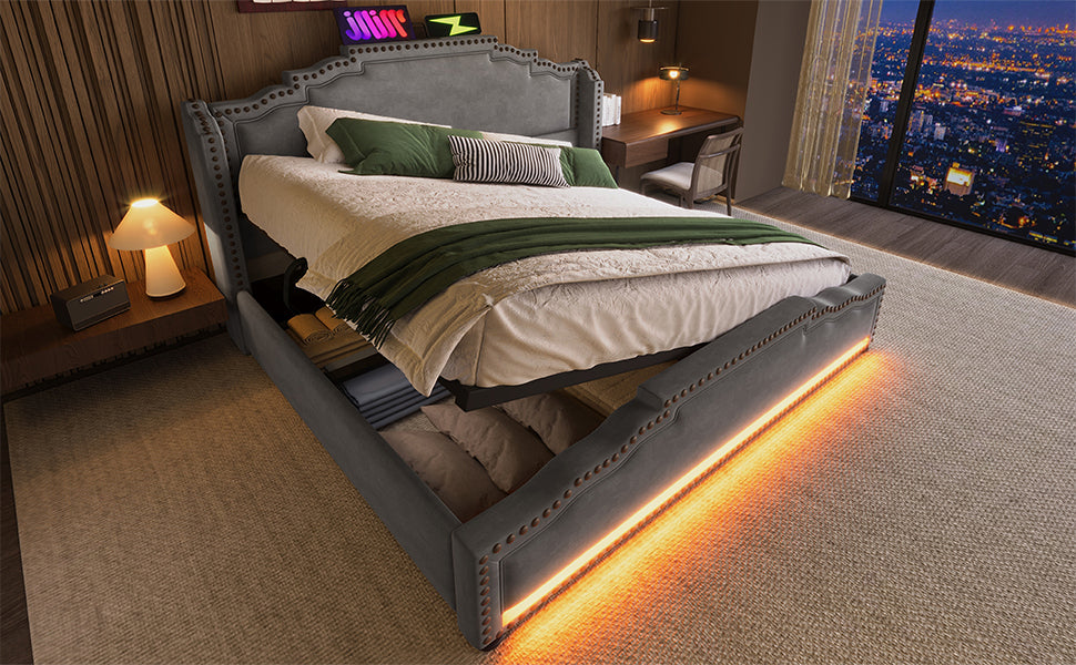 Logidon gestoffeerd bed 140x200 met hydraulische opbergruimte LED USB-C grijs