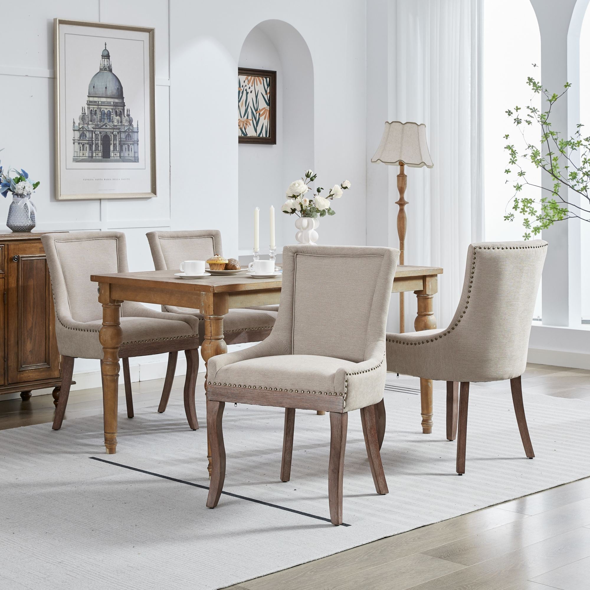 Logidon Ultra Side Dining Chair Beige Set Of 2 Bronze Nail Studs
