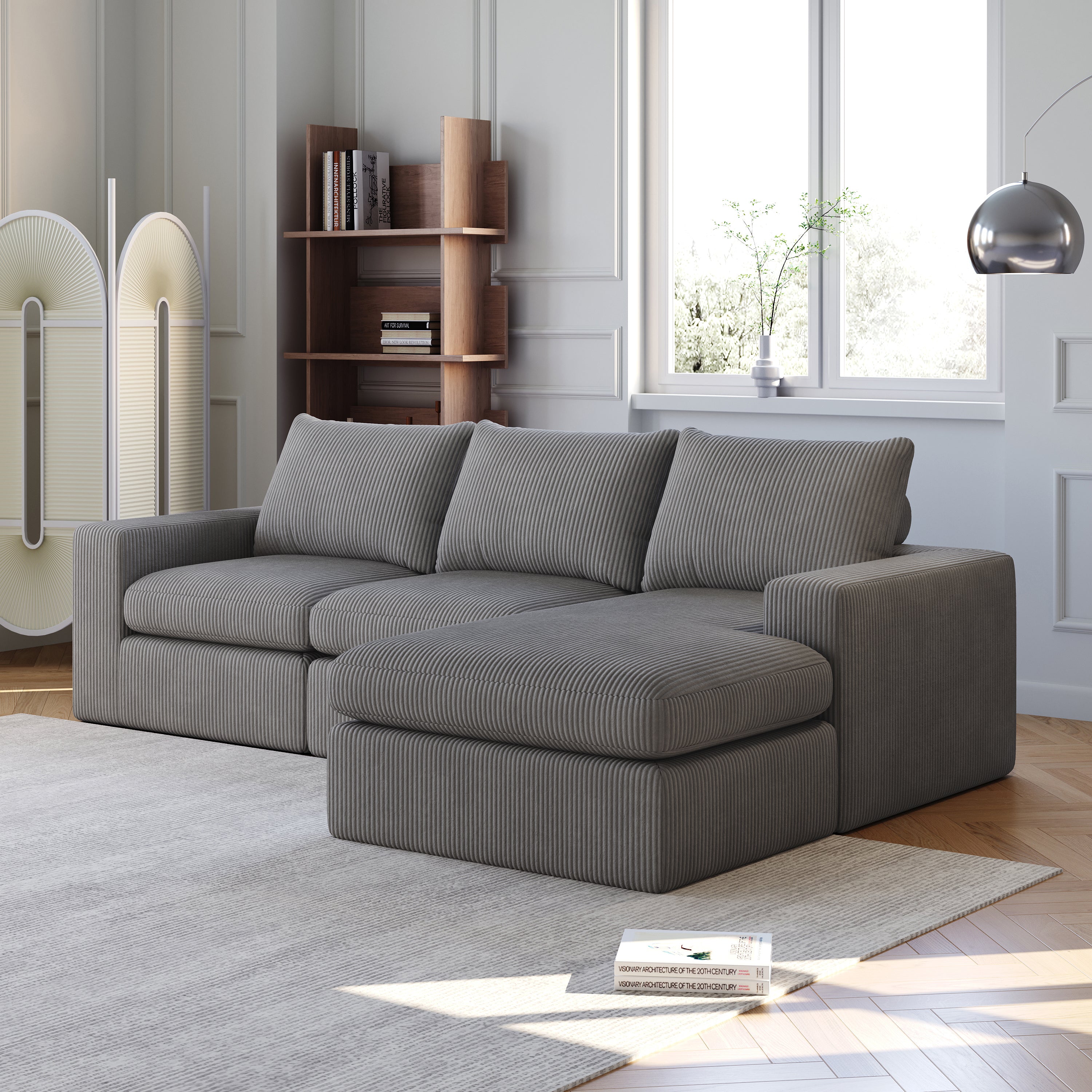 Logidon Gray Cord Sofa With Chaise Longue L Shape Three Cushions