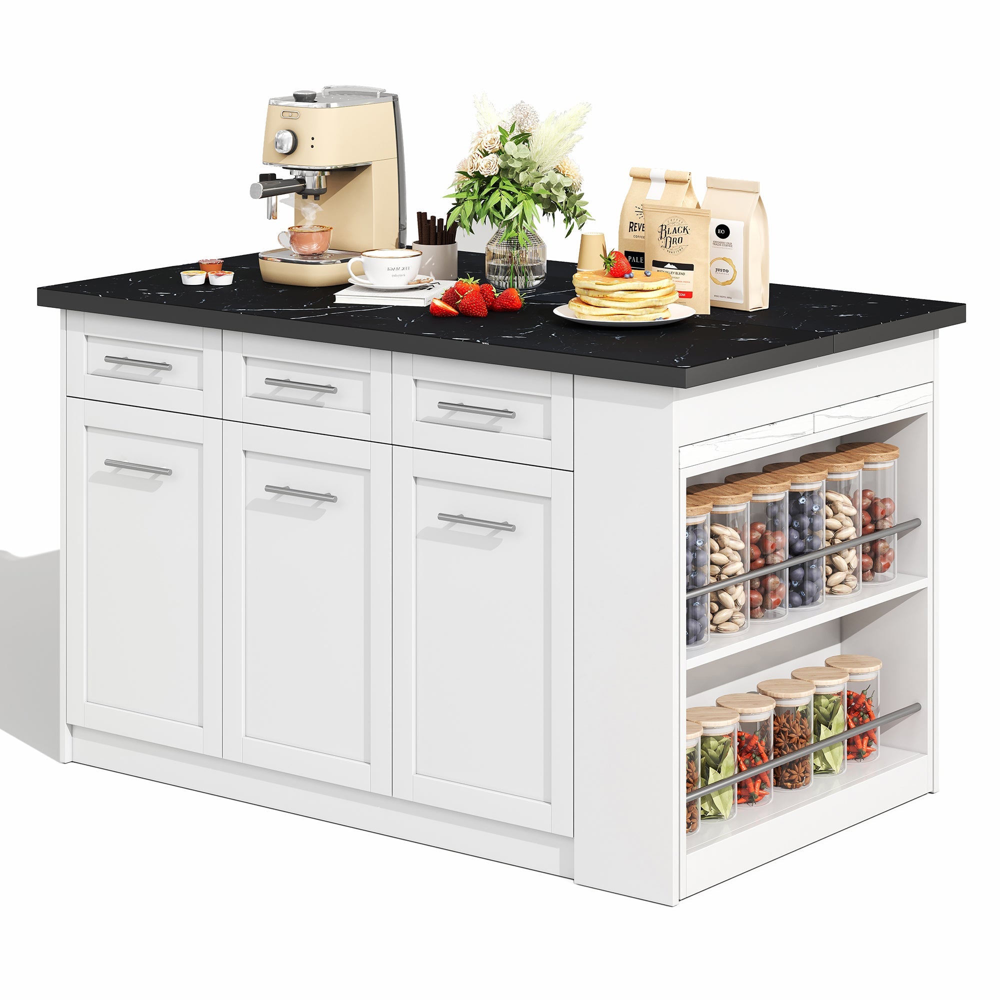 Logidon keukeneiland 150x96 cm wit met marmeren blad uitschuifbare eettafel