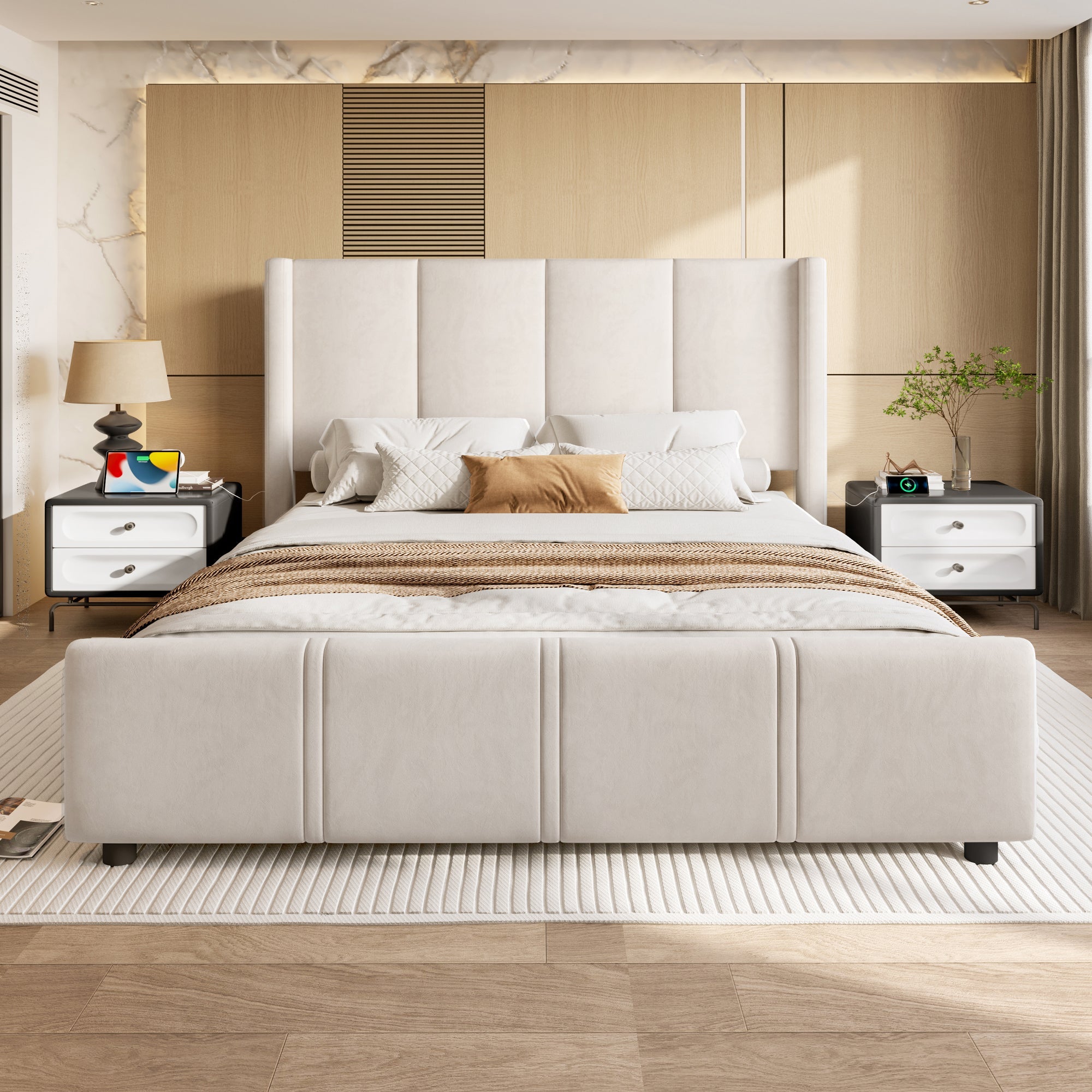 Logidon stoffen bedframe 140x190 beige velours USB-aansluiting