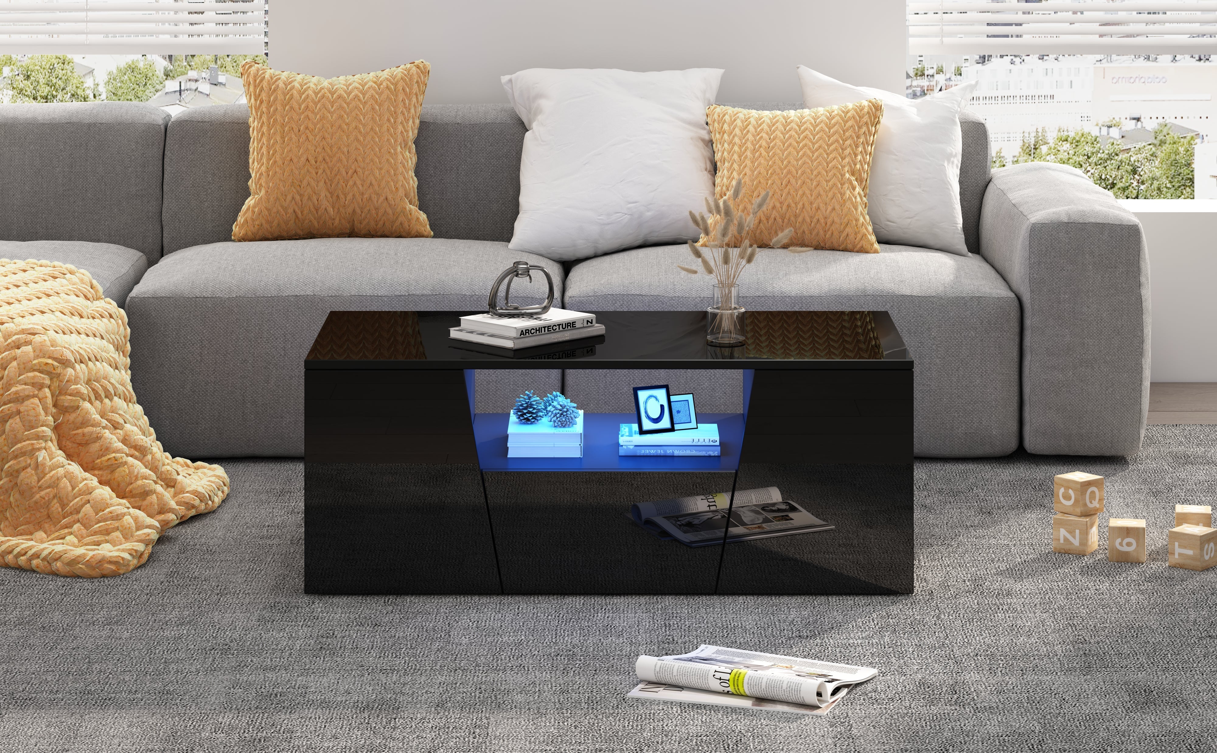 Logidon coffee table 100x50x40 cm black with LED 2 cabinets 1 drawer