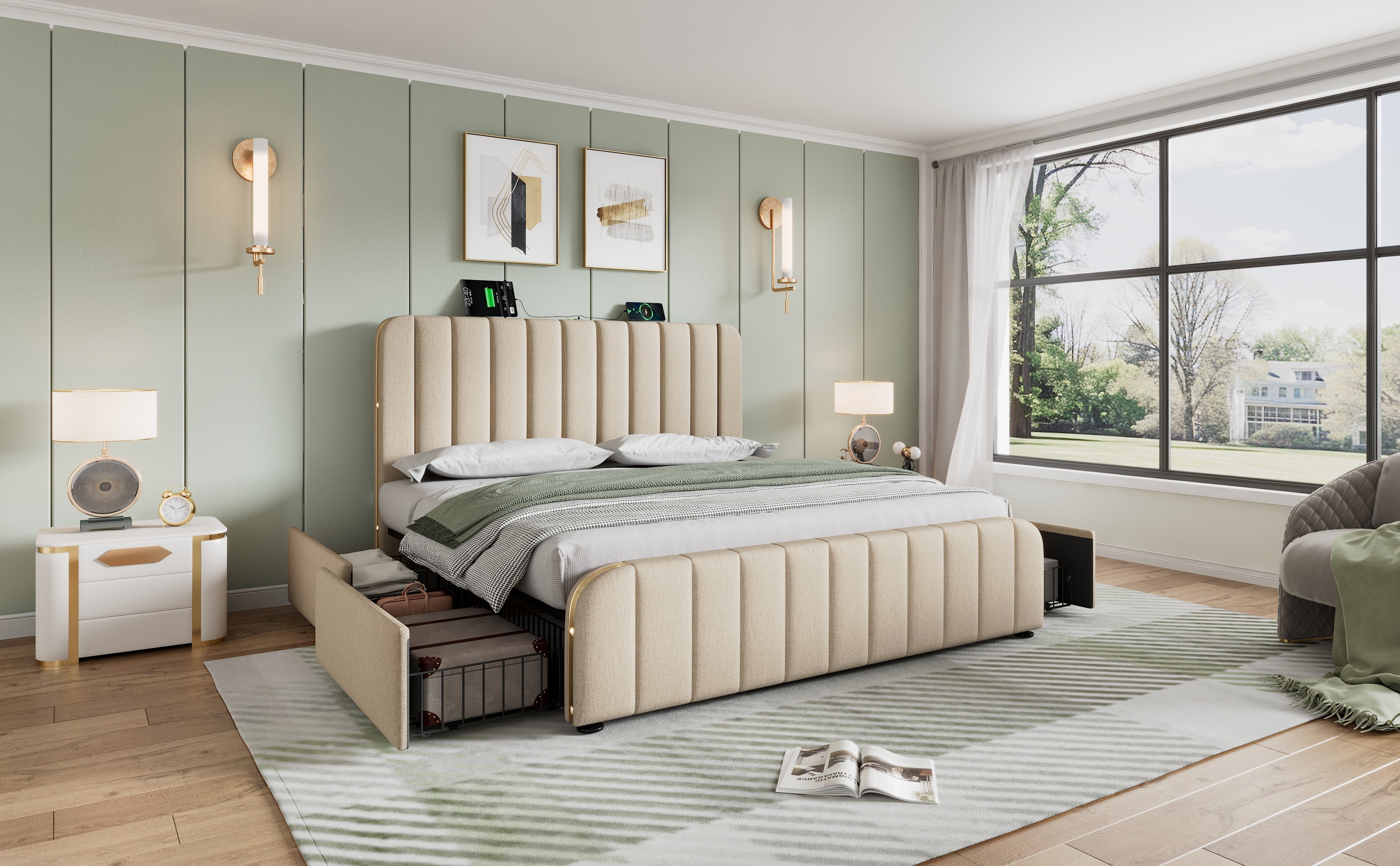 Logidon upholstered bed beige linen with USB Type C charging function 180x200 cm