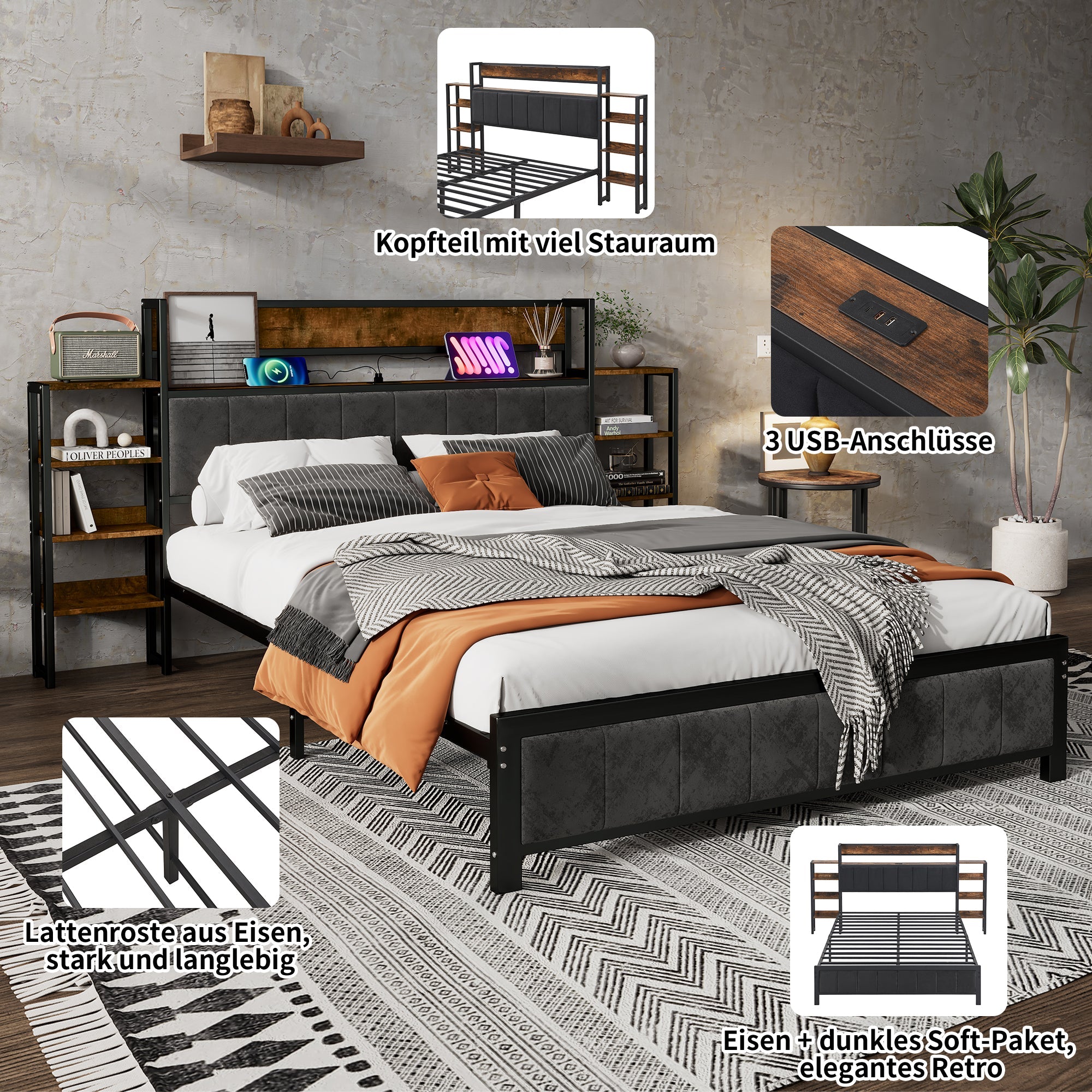 Logidon metalen bed 140x200 met opbergruimte USB-poorten zwart walnoot