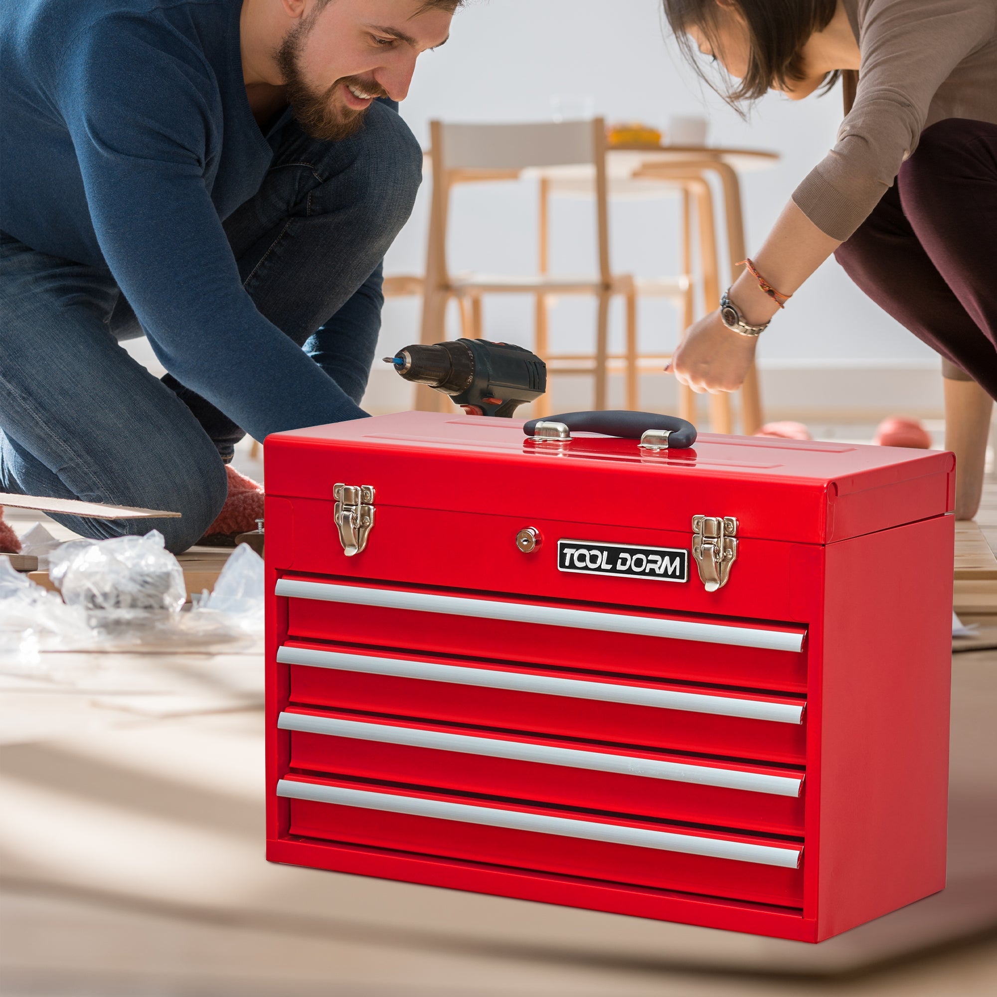Logidon metal tool box red, 4 drawers, protective padding, lock