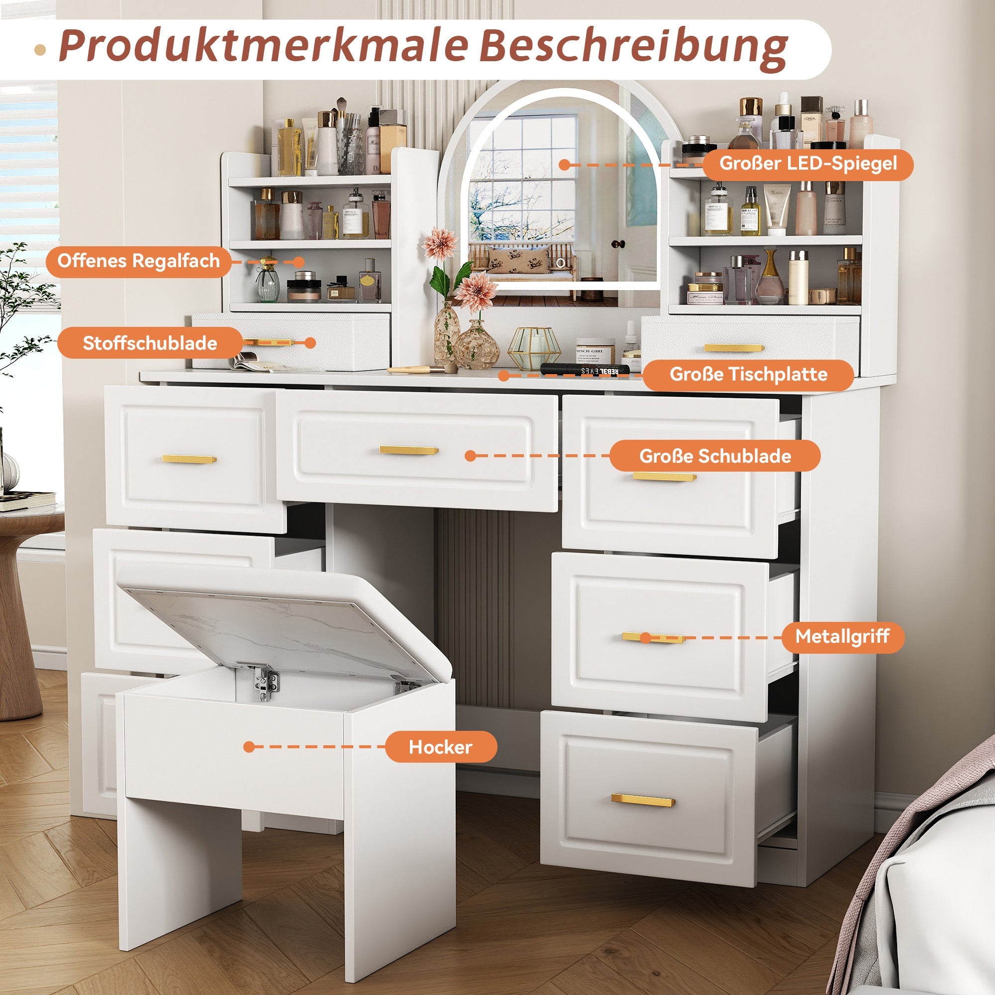 Logidon kaptafel met spiegel en LED-verlichting 9 lades wit 120x40x135