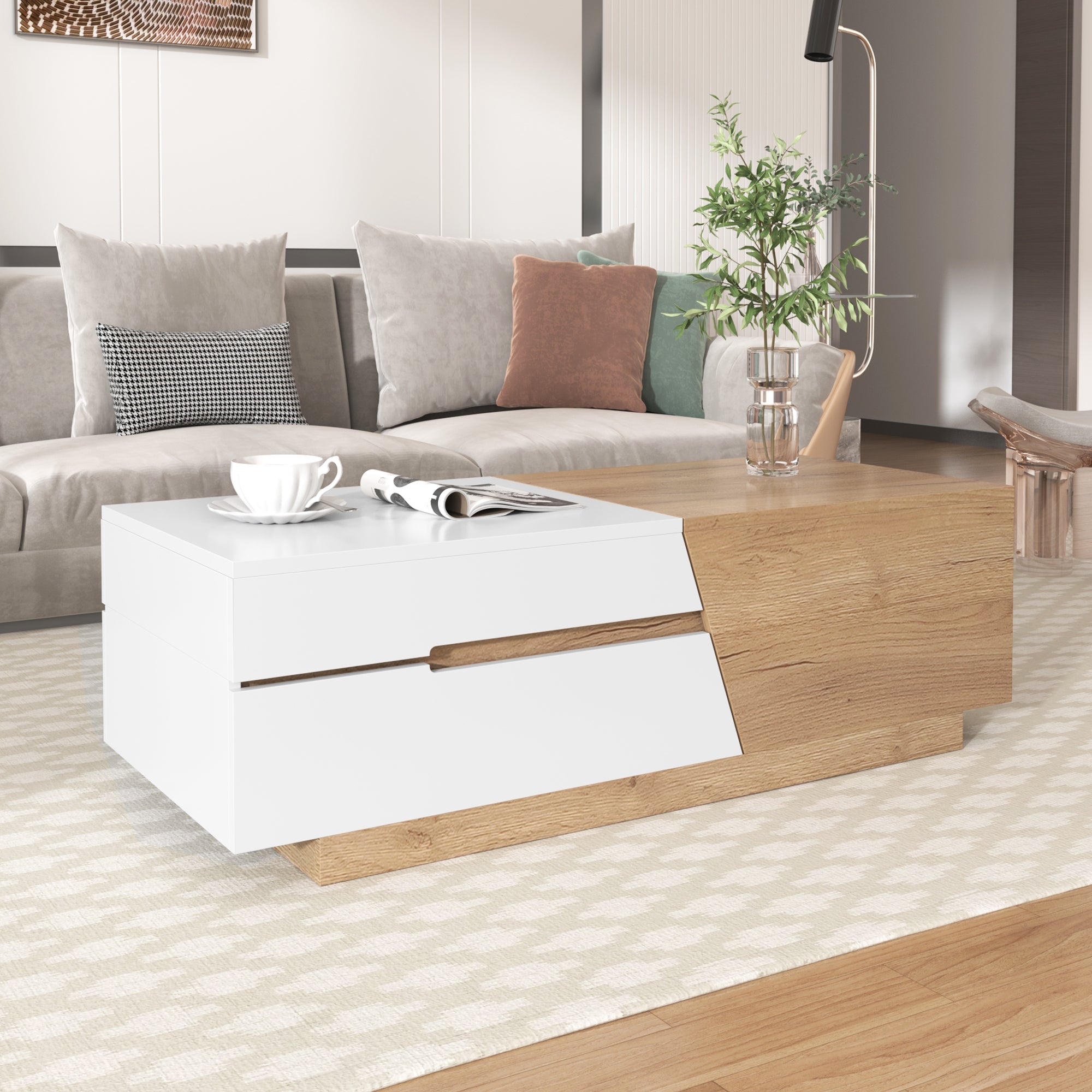 Logidon Uitschuifbare salontafel 120x50 natuurlijke lades kleurblokstructuur