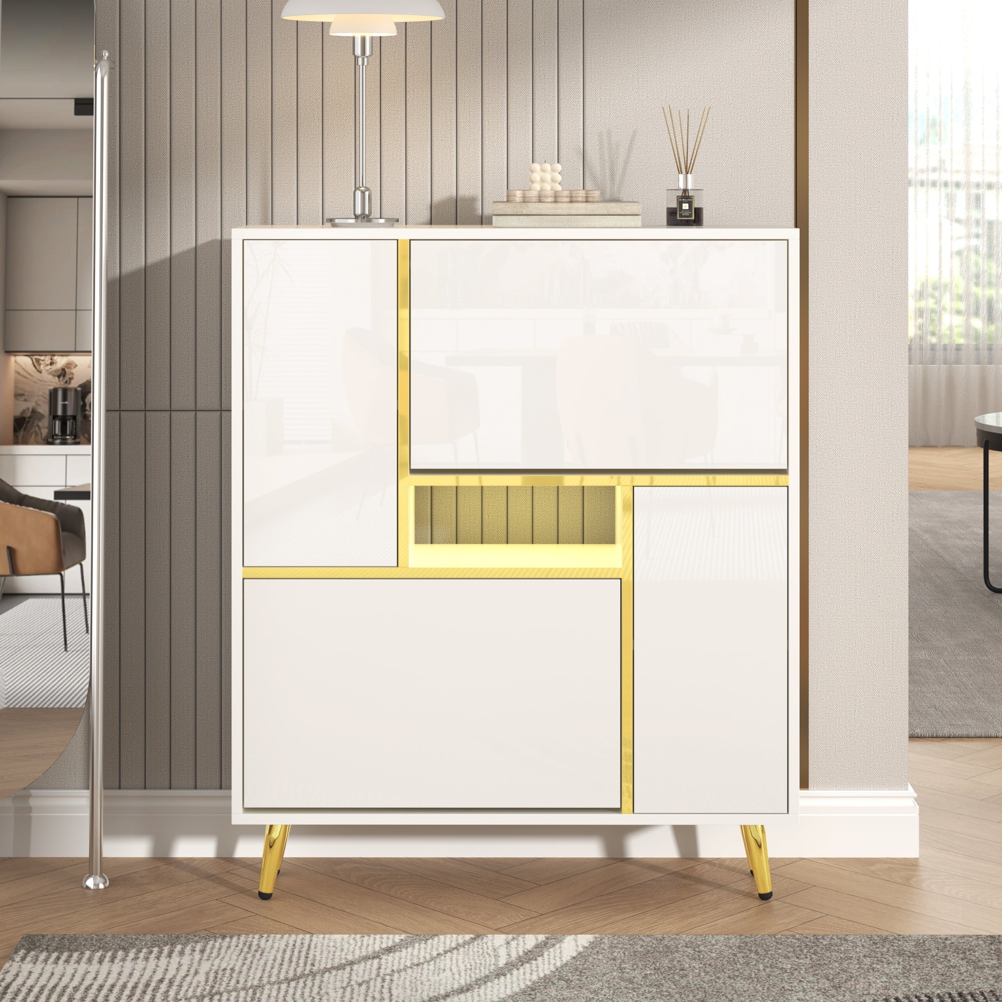Logidon Moderne Schoenenkast Wit met Hoogglans Front en LED Licht 80x25x96 Cm