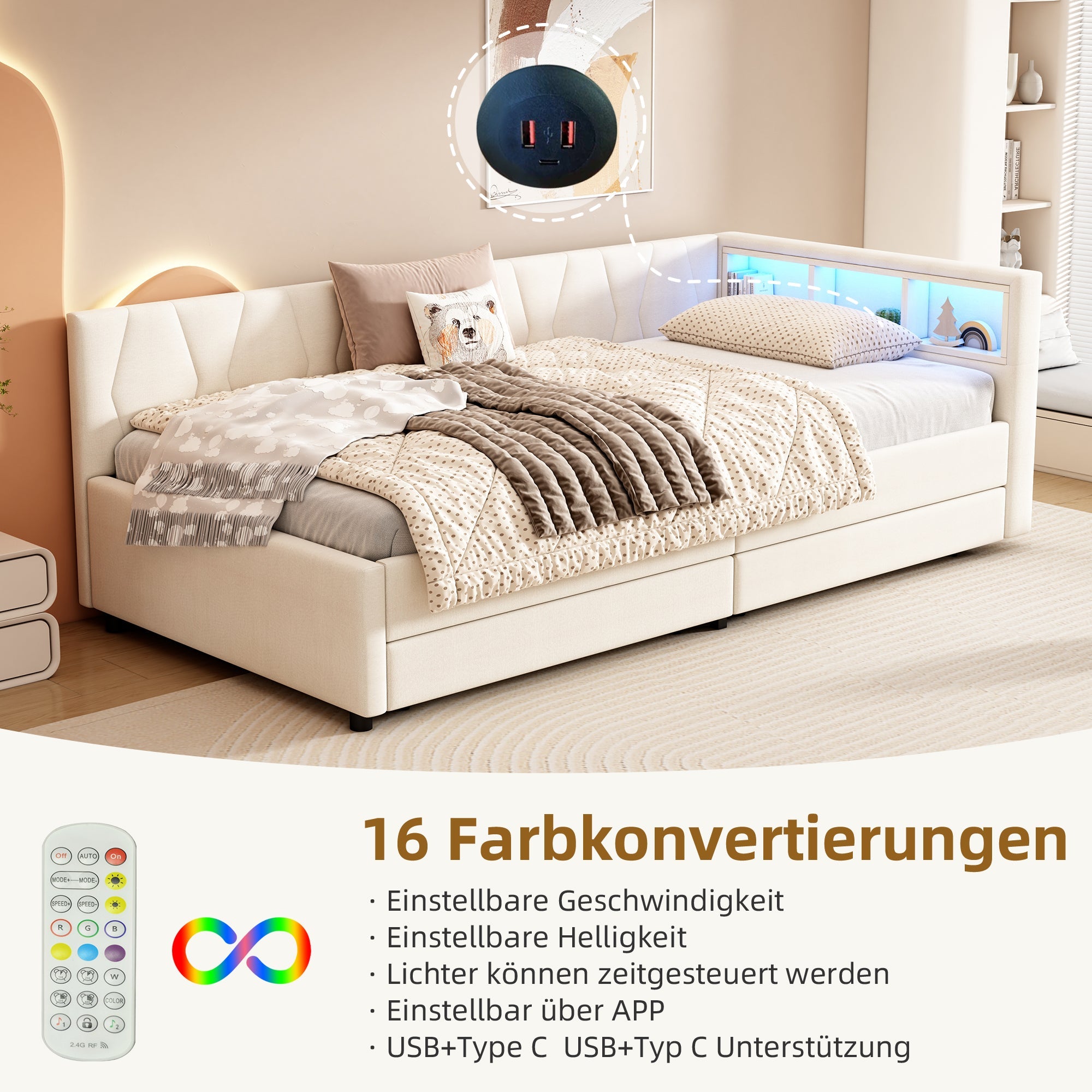 Logidon Dagbed 90x200 cm Beige Slaapbank Opbergvak met USB C LED