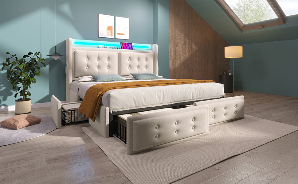 Logidon gestoffeerd bed 140x200 beige met LED hoofdbord USB C oplaadfunctie