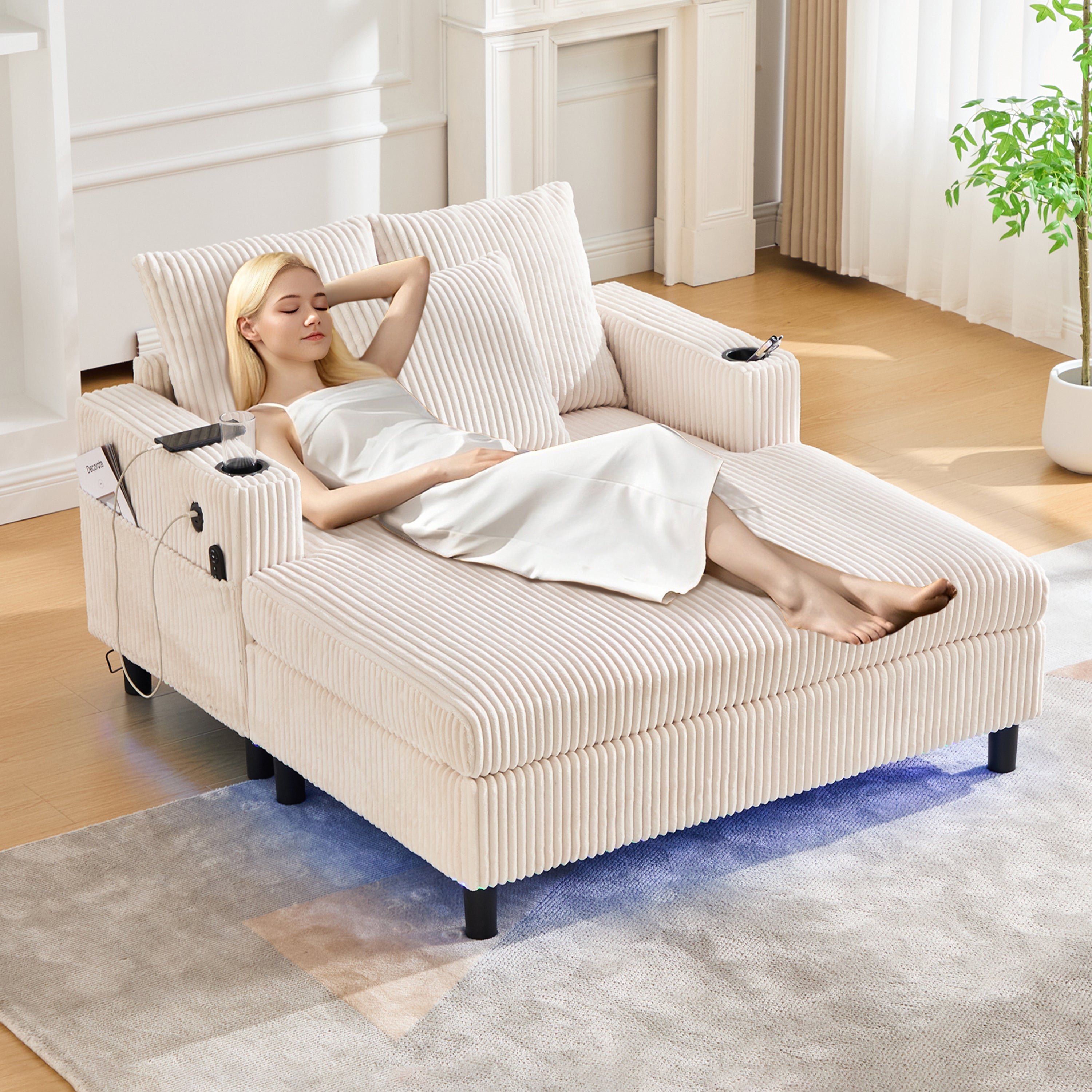 Logidon Chaise Longue Ligstoel Beige Fluweel Met USB LED-verlichting