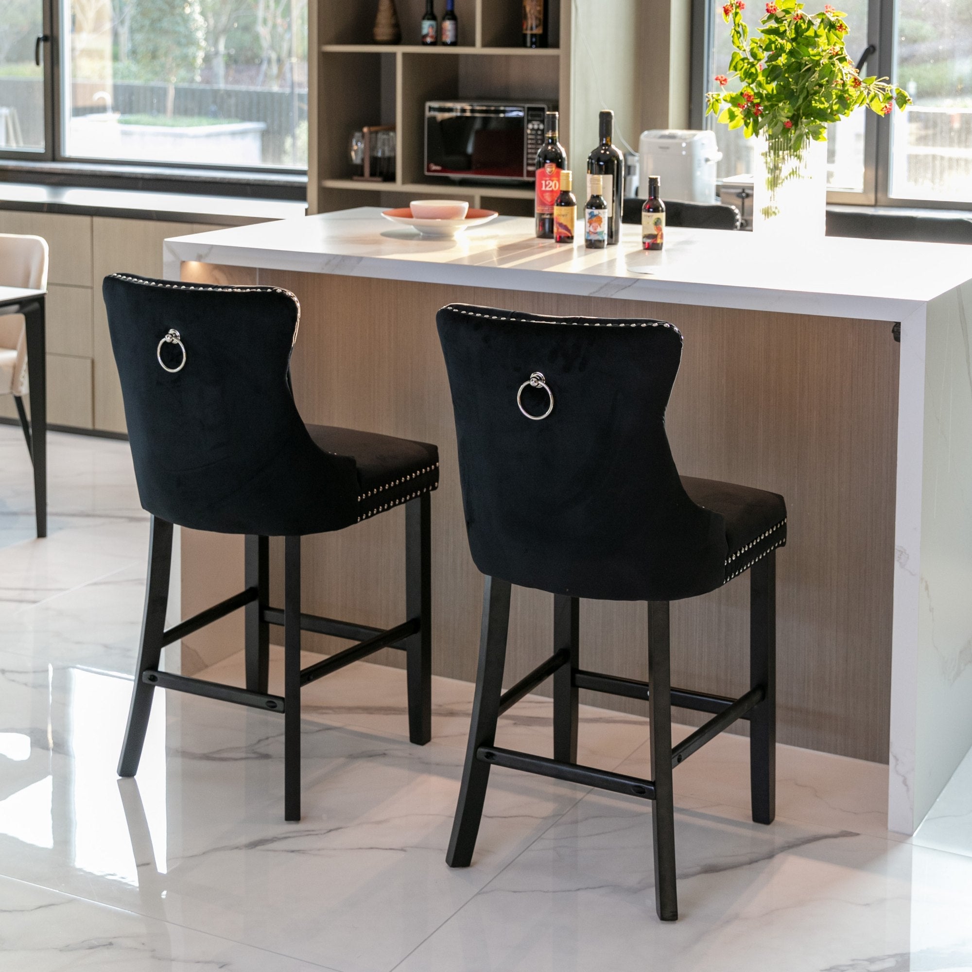 Logidon Velours Barkruk Set 2 Zwart Met Knoopstiksels En Houten Poten
