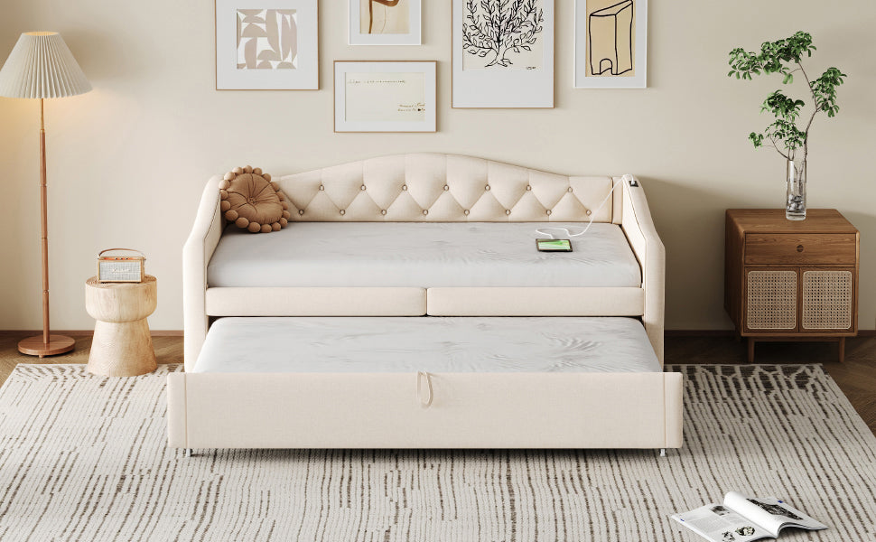 Logidon uitschuifbare slaapbank 90x200 beige met USB-poort