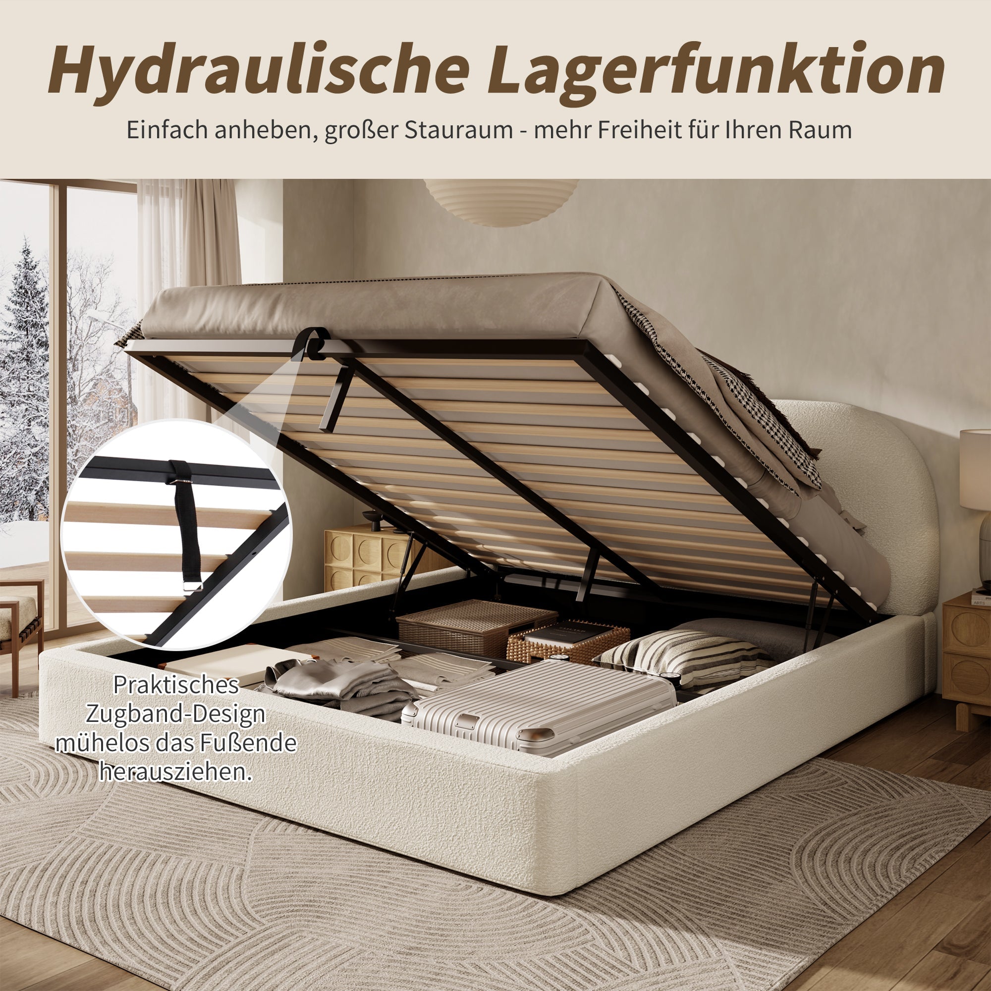 Logidon gestoffeerd bed 180x200 beige bouclé met opbergruimte hydraulische lift