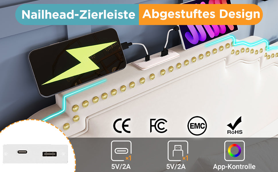 Logidon gestoffeerd bed 140x200 tweepersoonsbed hydraulische opbergruimte LED beige