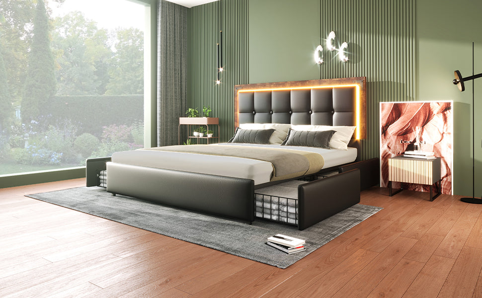 Logidon bedframe 160x200cm met LED-strip en 4 lades zwart
