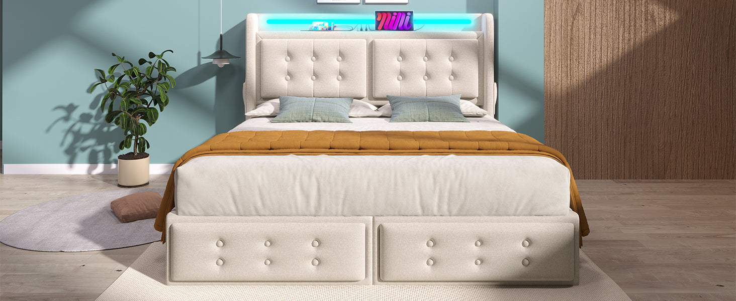 Logidon gestoffeerd bed 160x200 beige LED hoofdbord USB C oplaadfunctie 4 lades