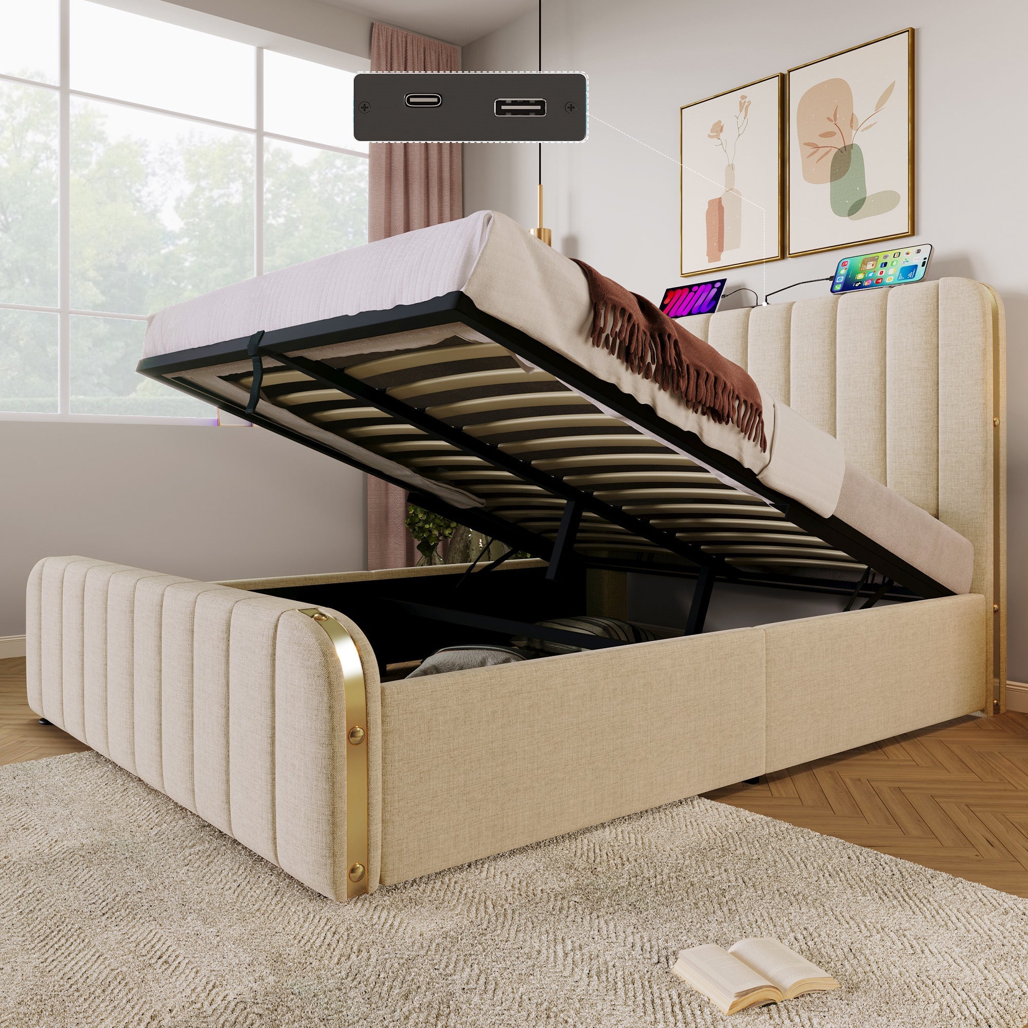 Logidon gestoffeerd bed 160x200 beige linnen, USB-C oplaadfunctie