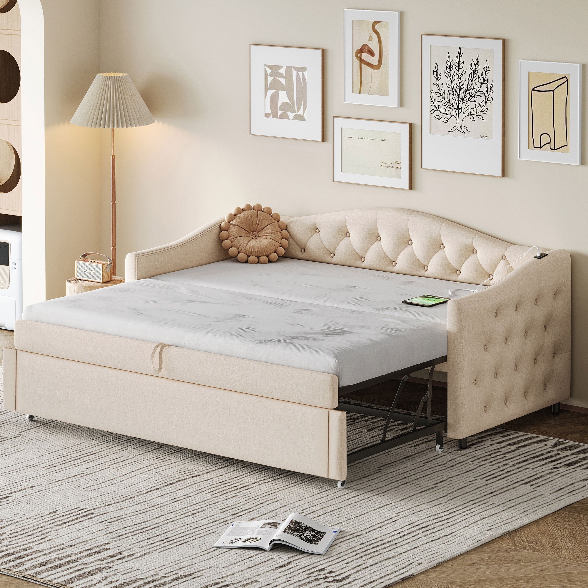 Logidon uitschuifbare slaapbank 90x200 beige met USB-poort
