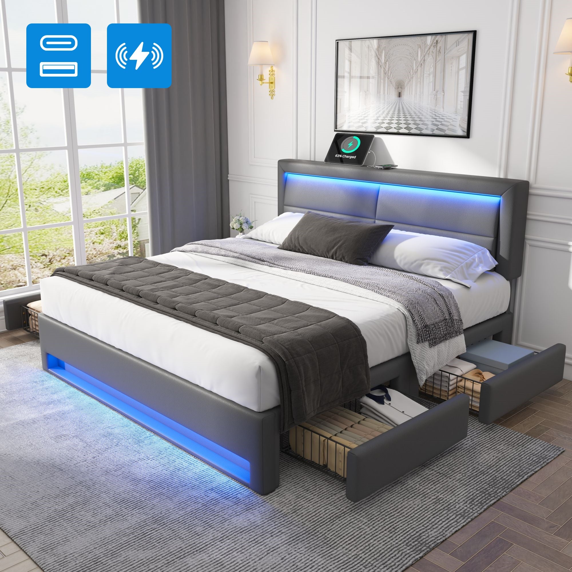 Logidon upholstered bed 160x200 gray with USB charging function LED lighting