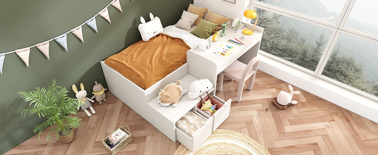 Logidon kinderbed 90x200 massief hout wit met bureau en opbergruimte