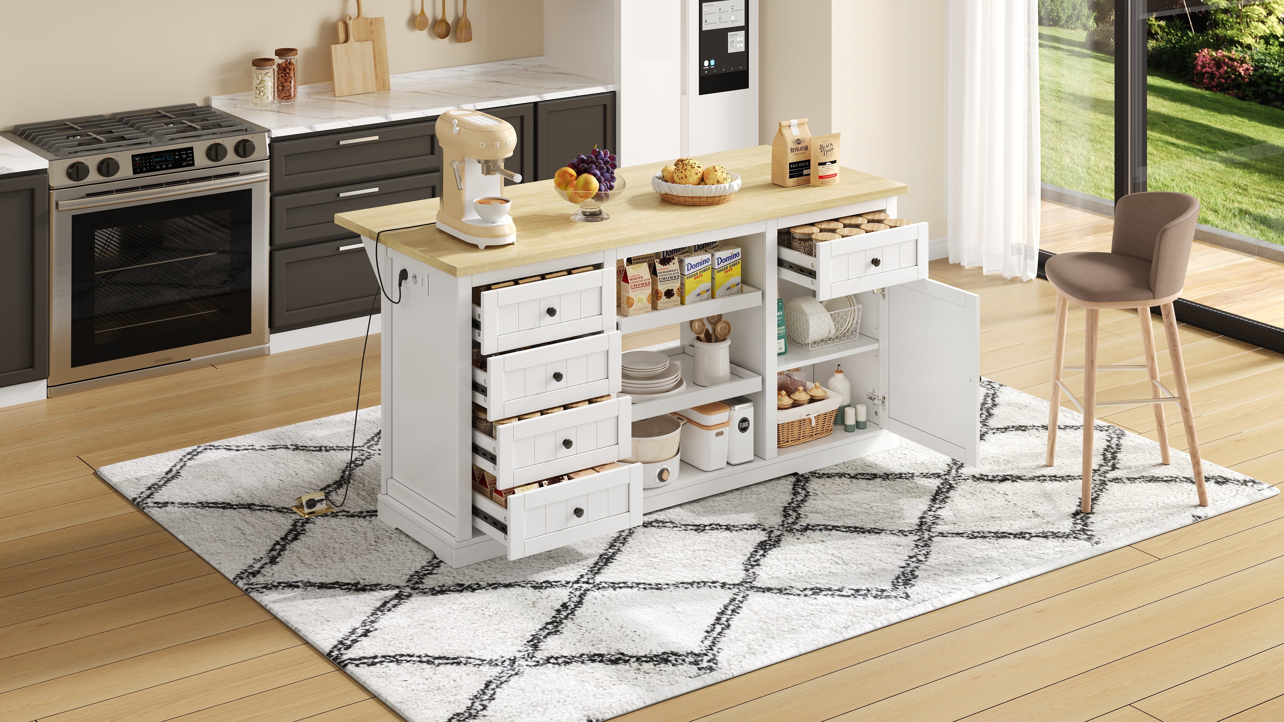 Logidon dressoir keukeneiland wit houten blad 5 laden 150x65x75 cm