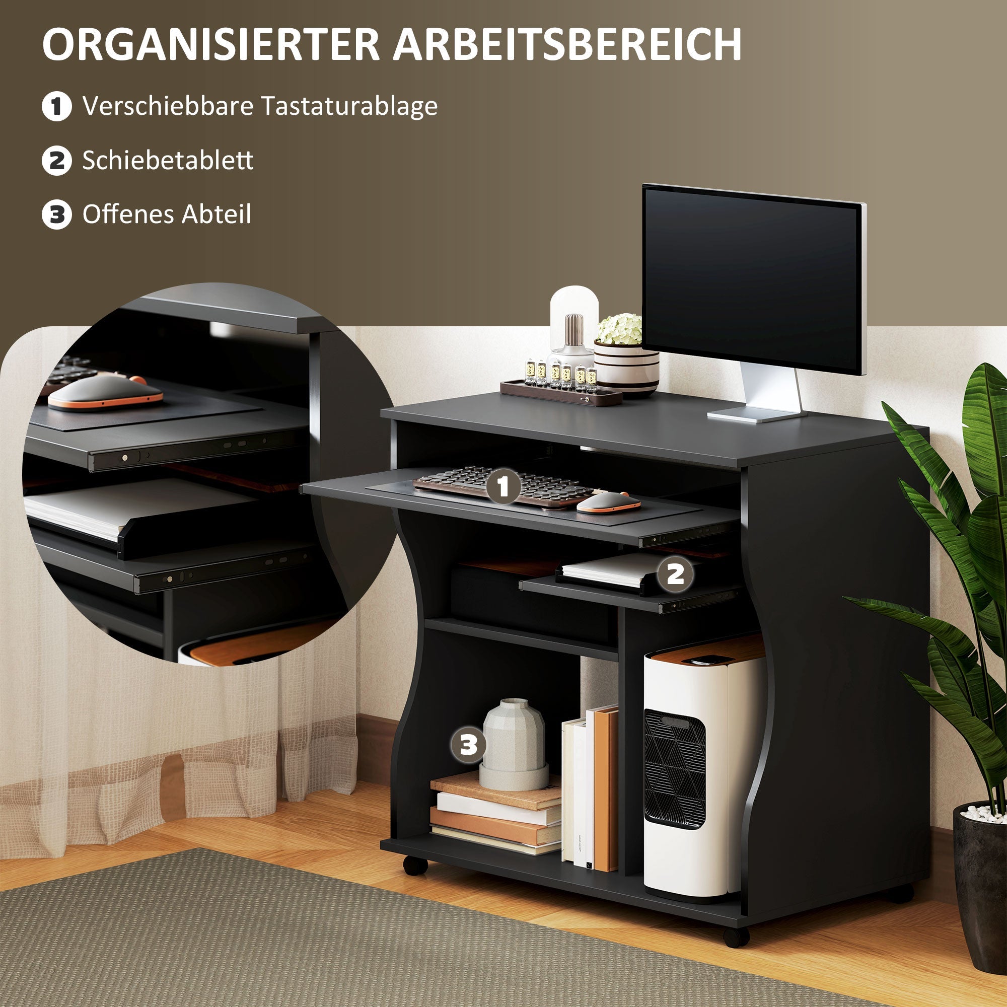 Logidon computertafel zwarte wielen toetsenbordplank 80 x 48 x 75 cm