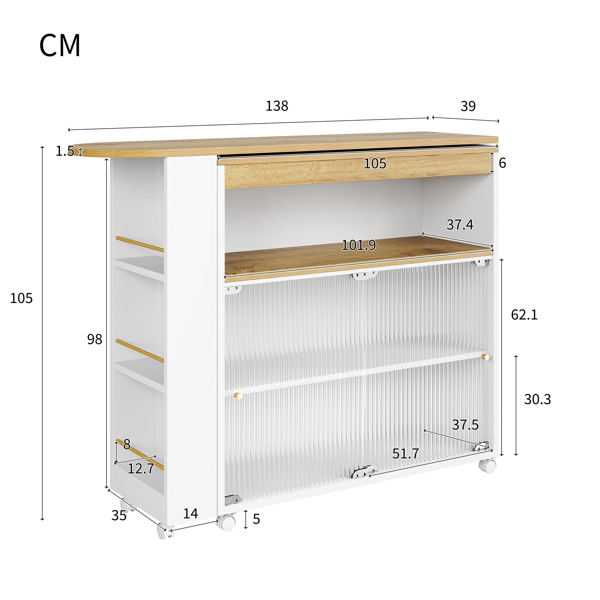 Logidon Uitschuifbare bartafel met opbergruimte LED Wit 138-204 cm