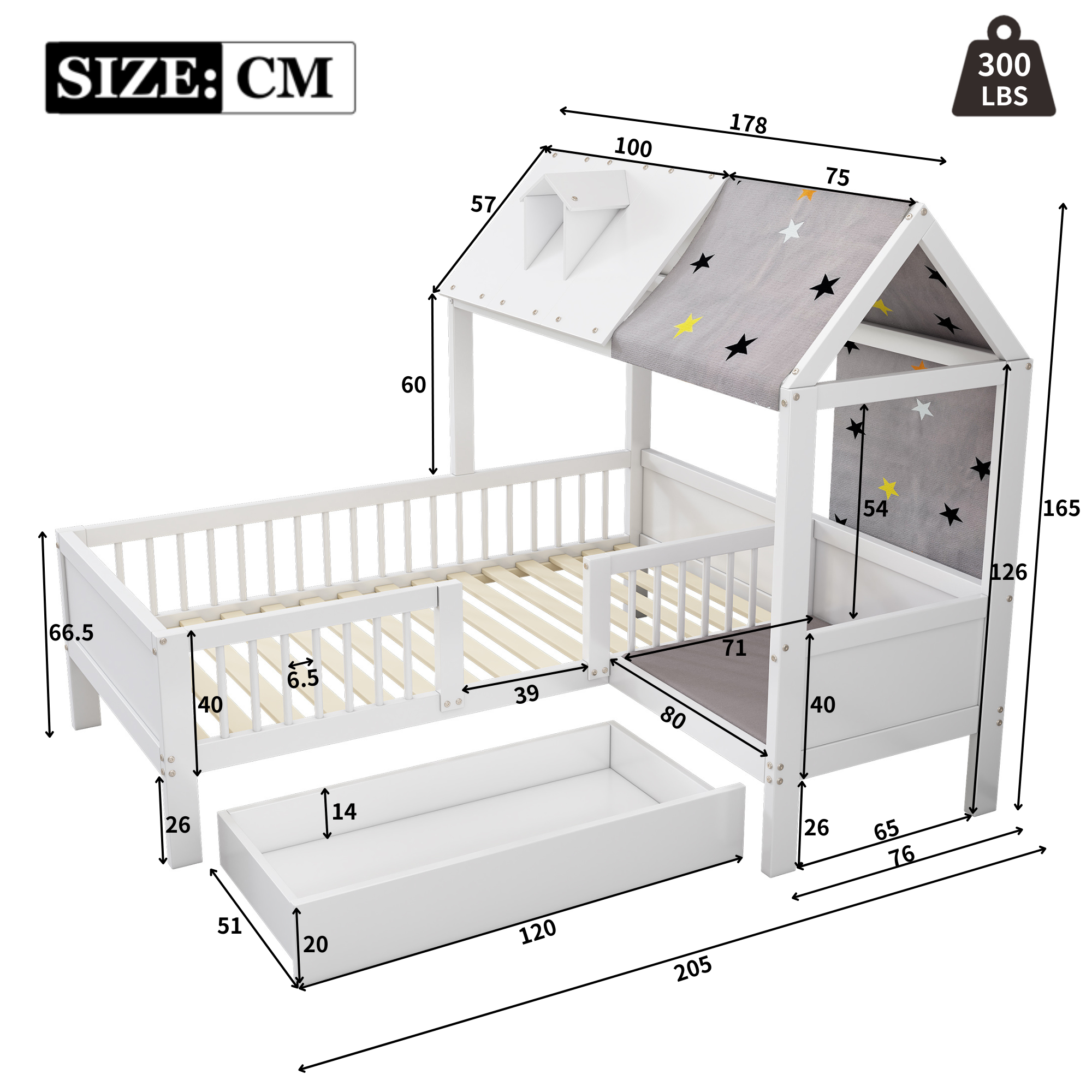 Logidon Huisvormig kinderbed hout 90x200 Witte tentstof Laden