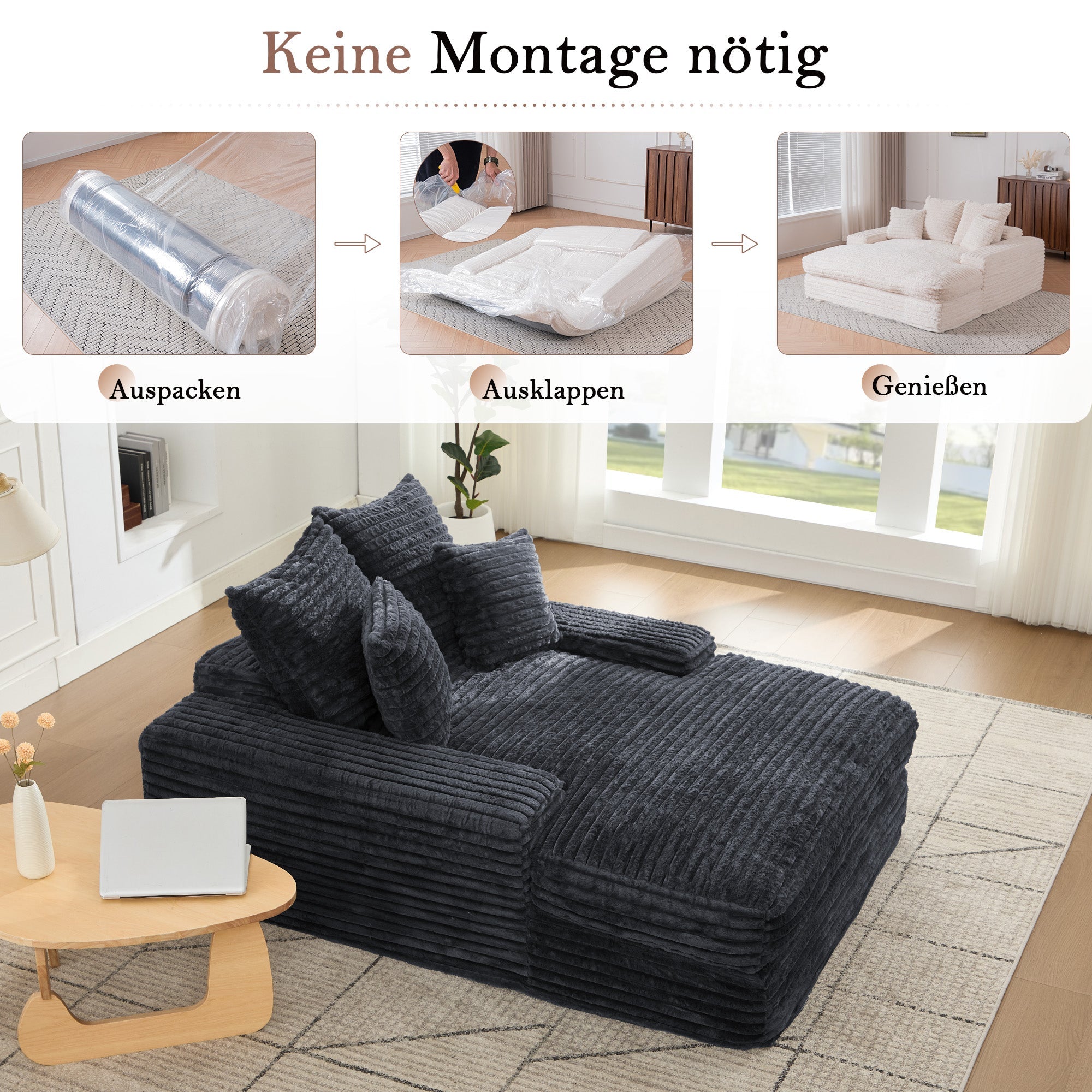 Logidon Luxe Cord Sofa Multifunctionele Slaapbank 4 Kussens Grijs