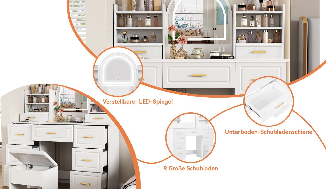 Logidon kaptafel met spiegel en LED-verlichting 9 lades wit 120x40x135