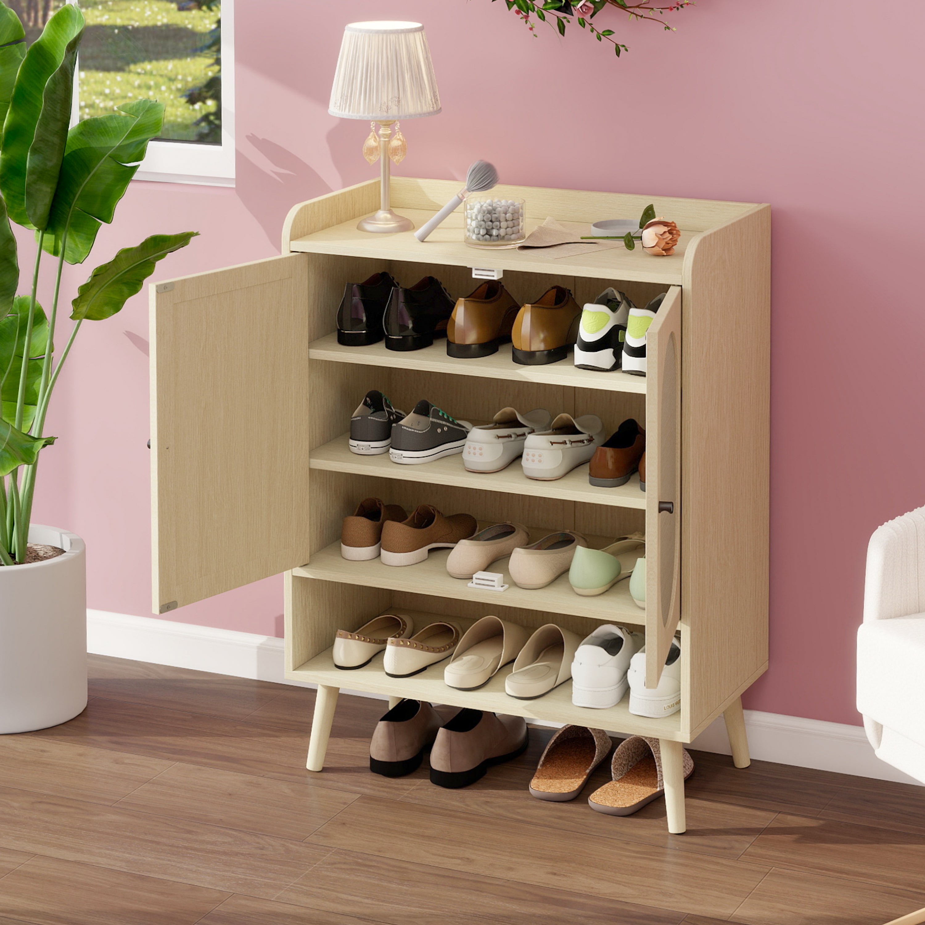 Logidon schoenenkast naturel houtlook met dubbele deuren Rotan design