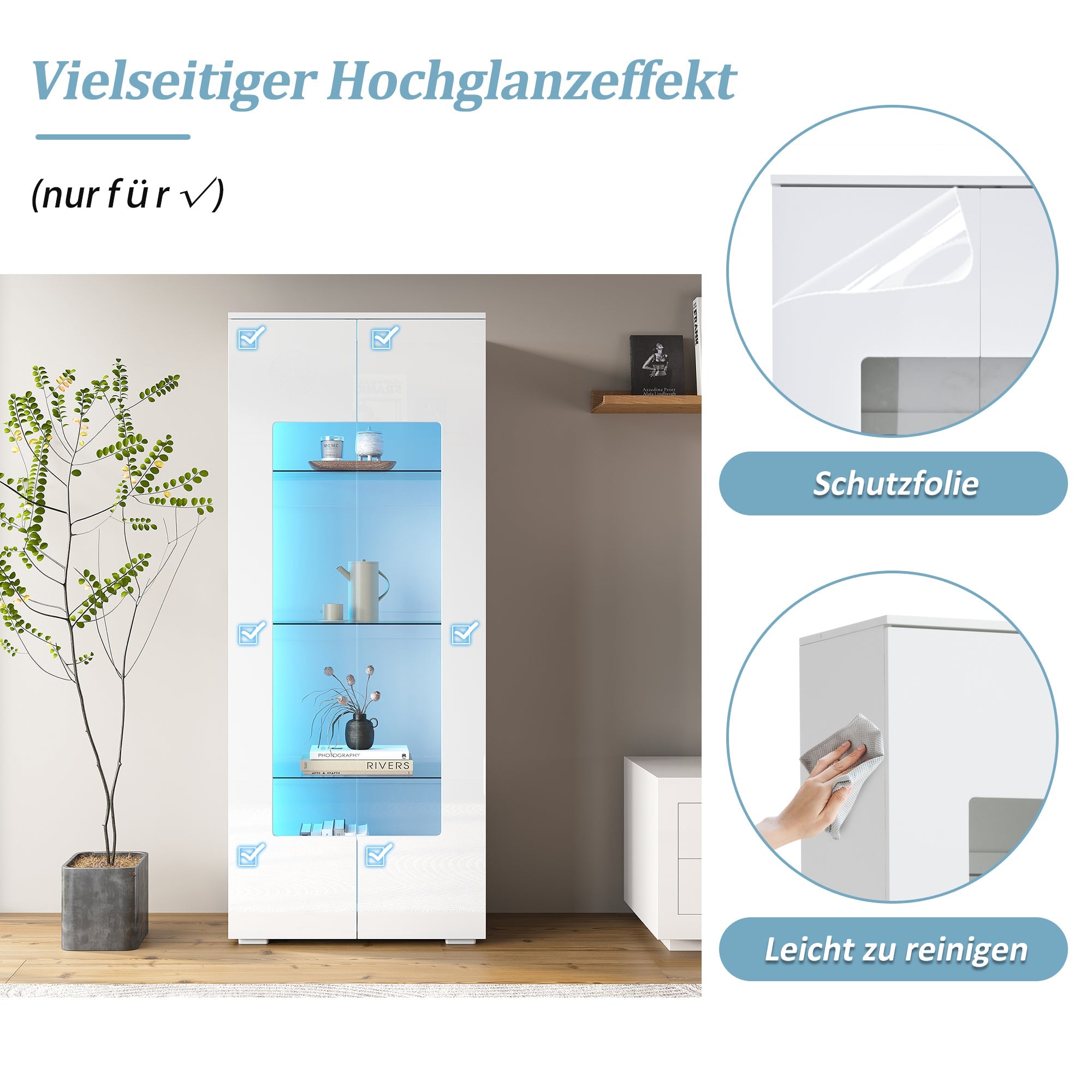 Logidon hoogglans vitrinekast 70x40x173 cm wit met LED-verlichting