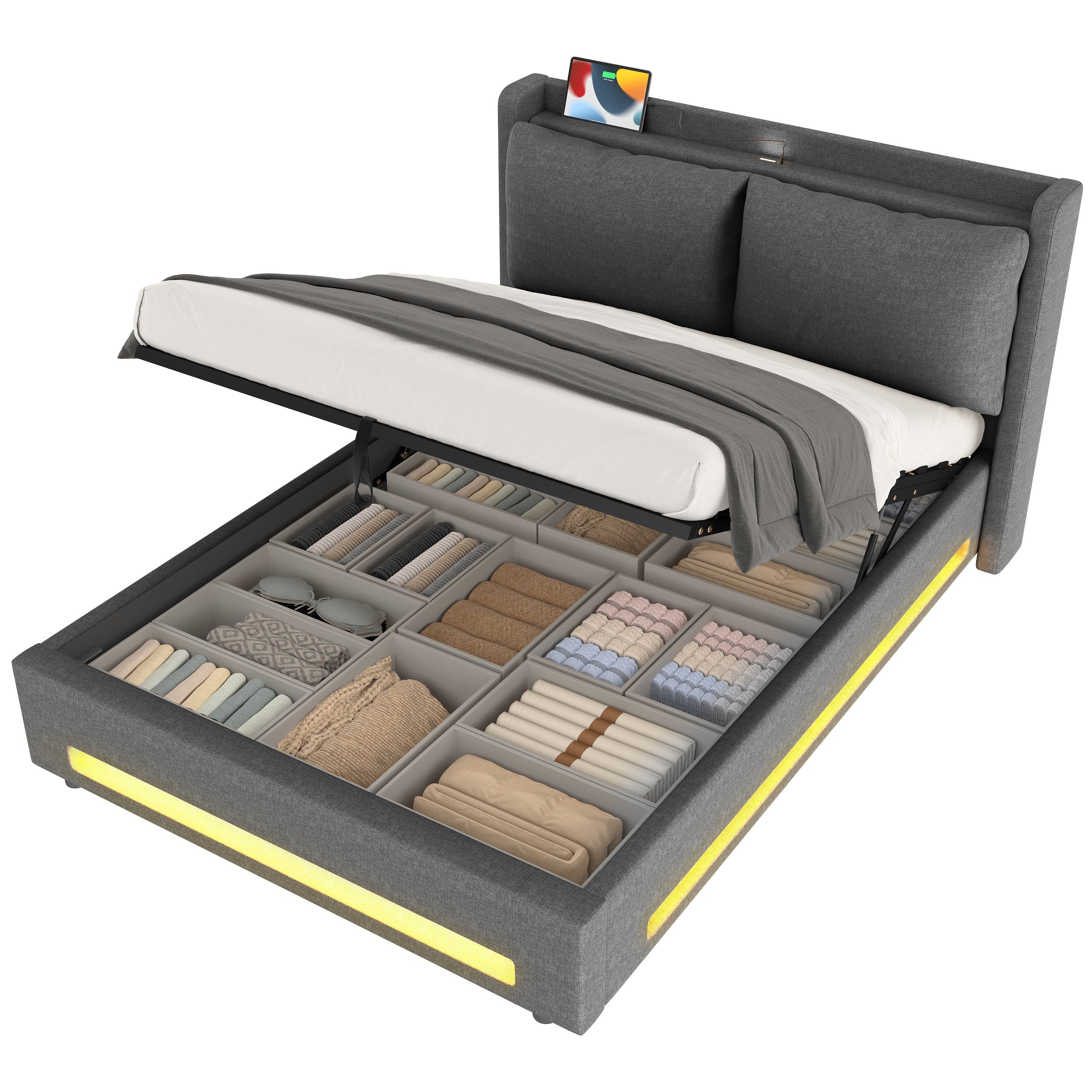 Logidon Modern gestoffeerd bed grijs 140x200 cm met opbergruimte en LED