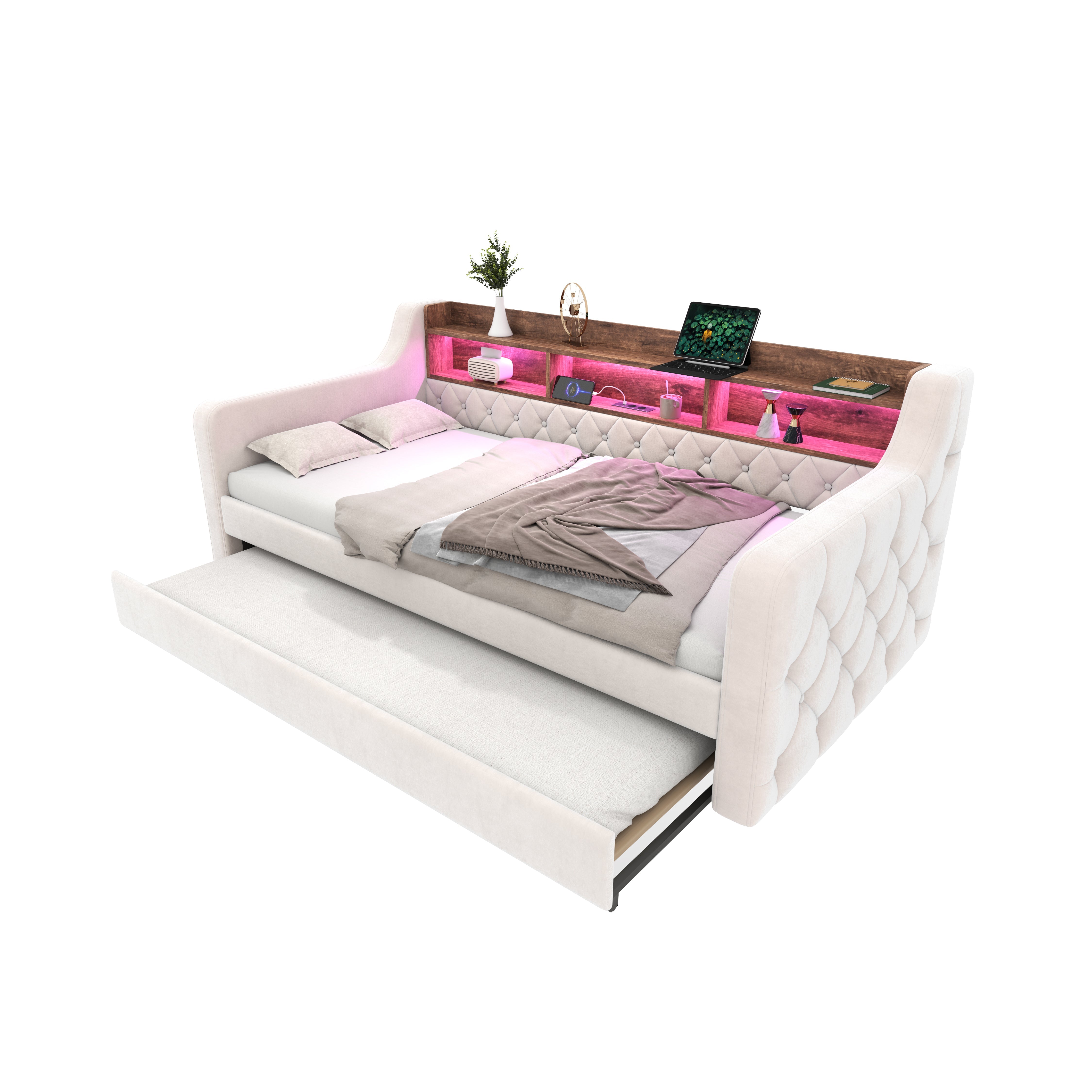 Logidon slaapbank 90x190 cm beige fluweel met opbergruimte LED USB-C
