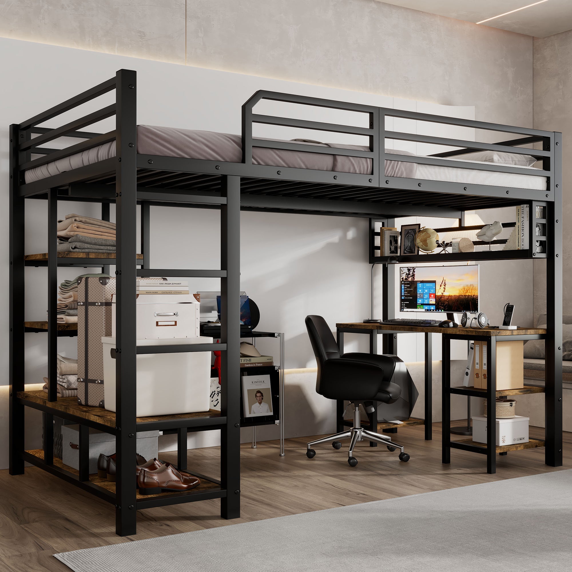 Logidon hoogslaper 120x200 cm metaal zwart met bureau en plank