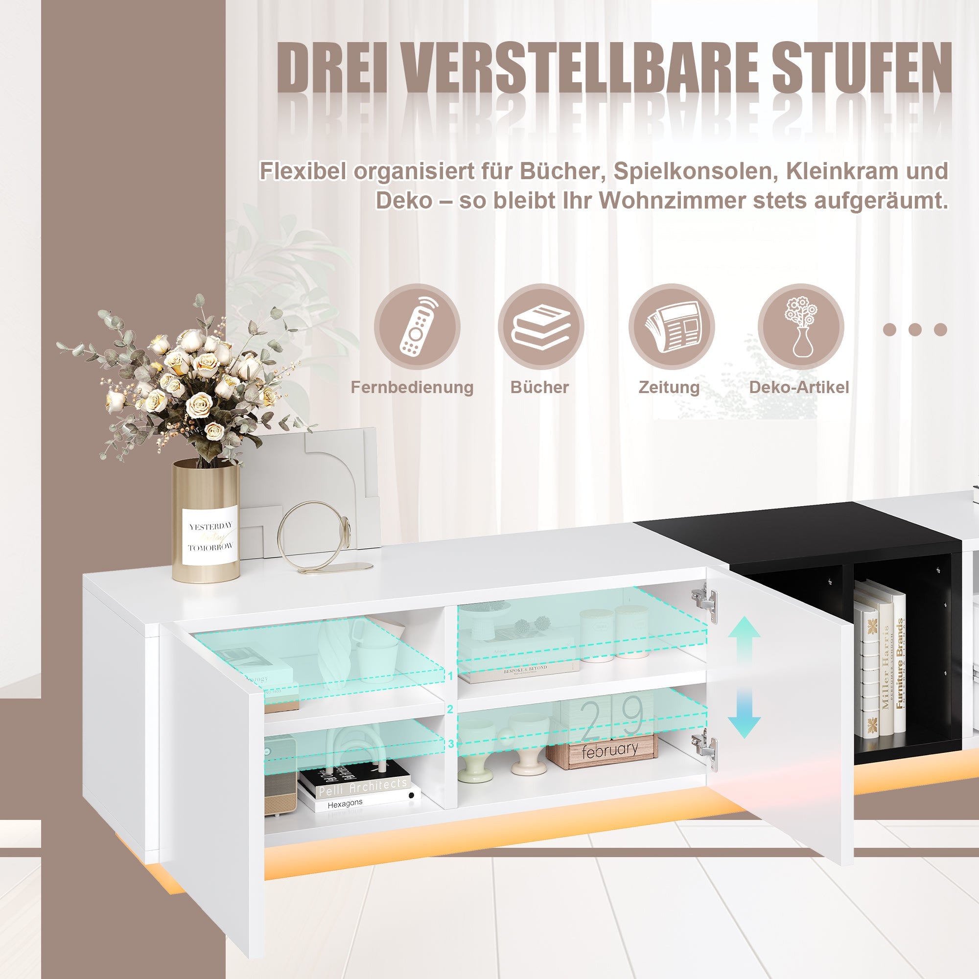 Logidon Modern TV-meubel Wit-Zwart Contrast Met Laden 190 cm