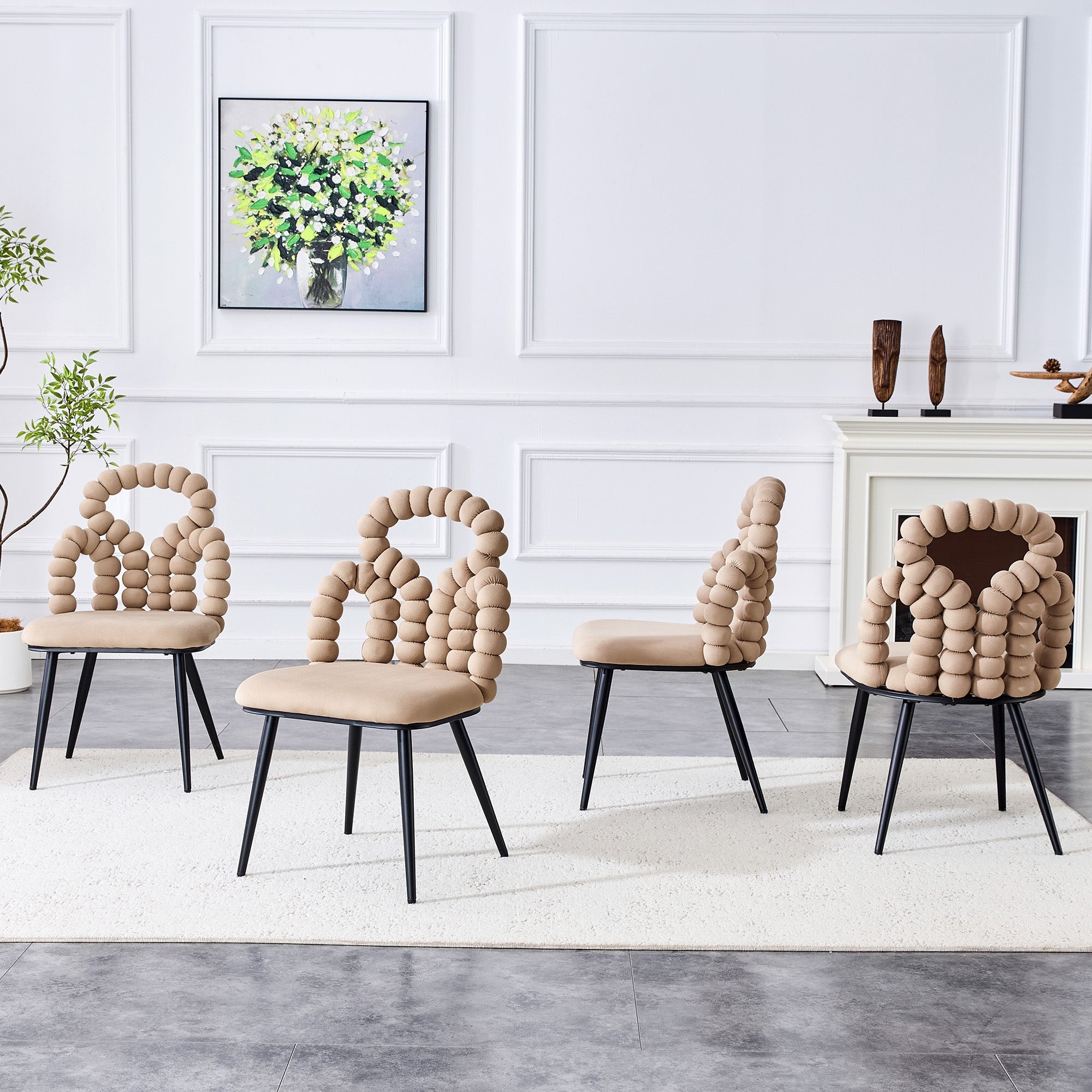 Logidon beige fluwelen eetkamerstoelen set met 2 kogelketting rugleuning