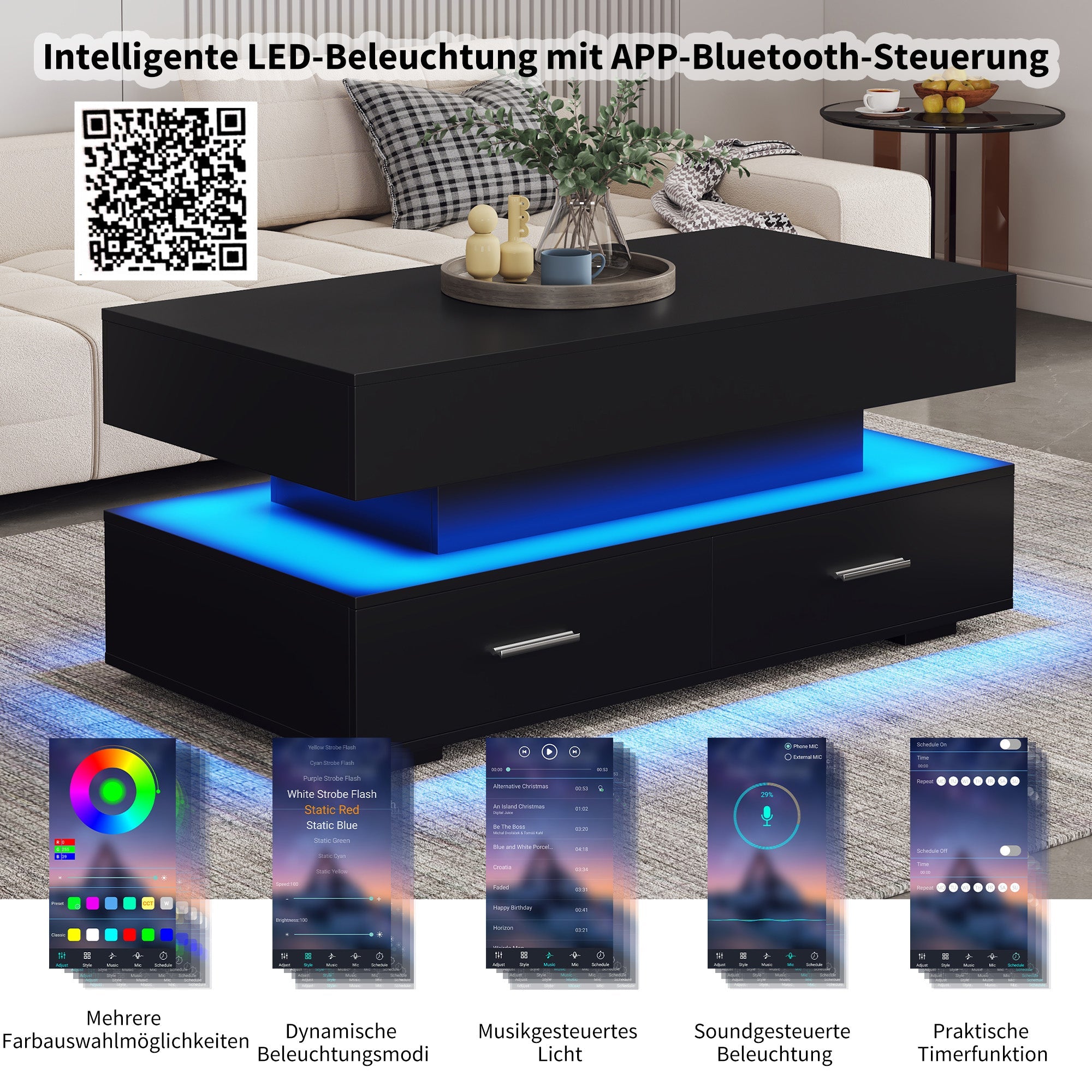 Logidon Verstelbare Salontafel 100x50x44 cm Zwart LED Verlichting
