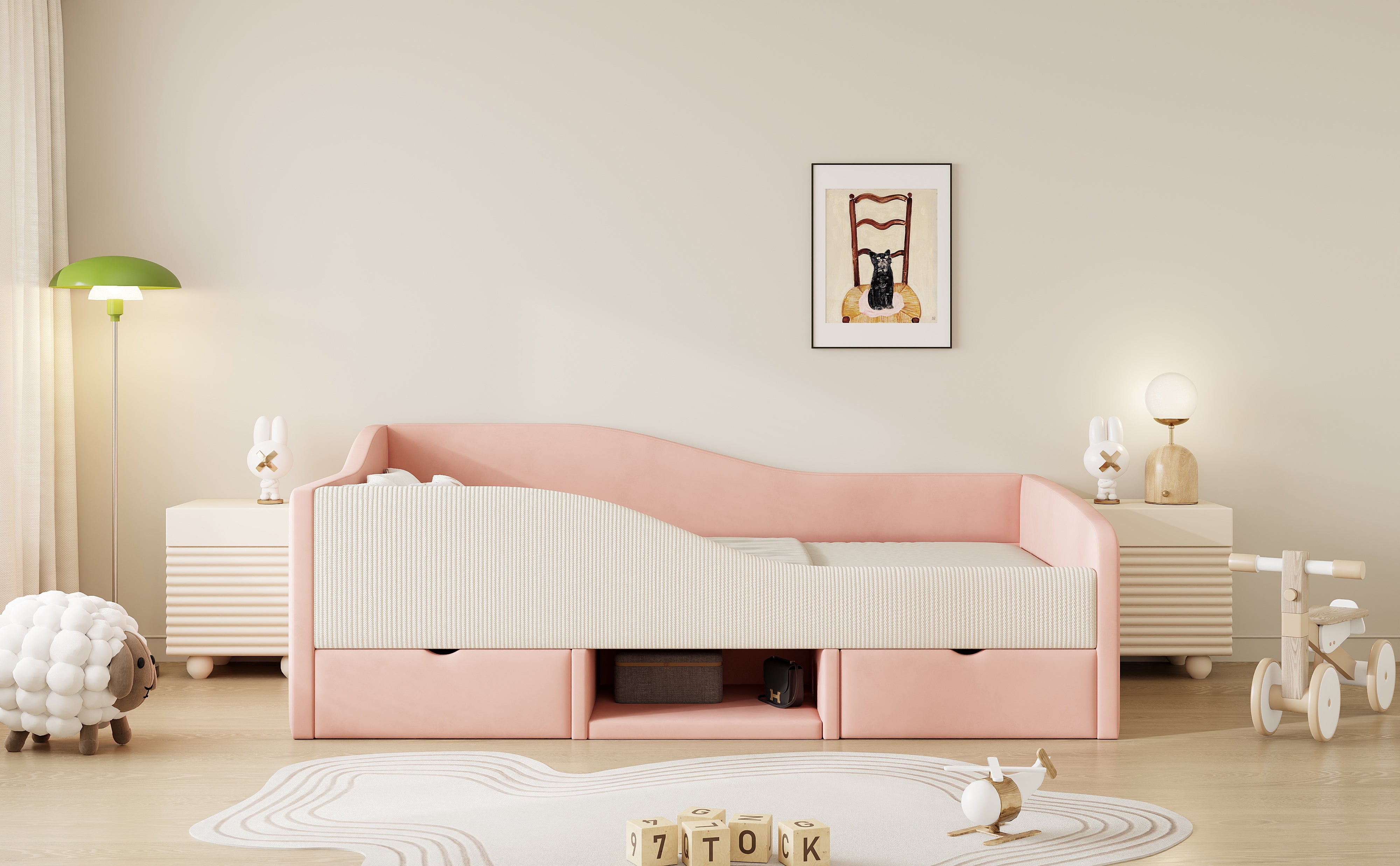 Logidon gestoffeerd bed 90x190 roze crème wit fluweel stof twee lades