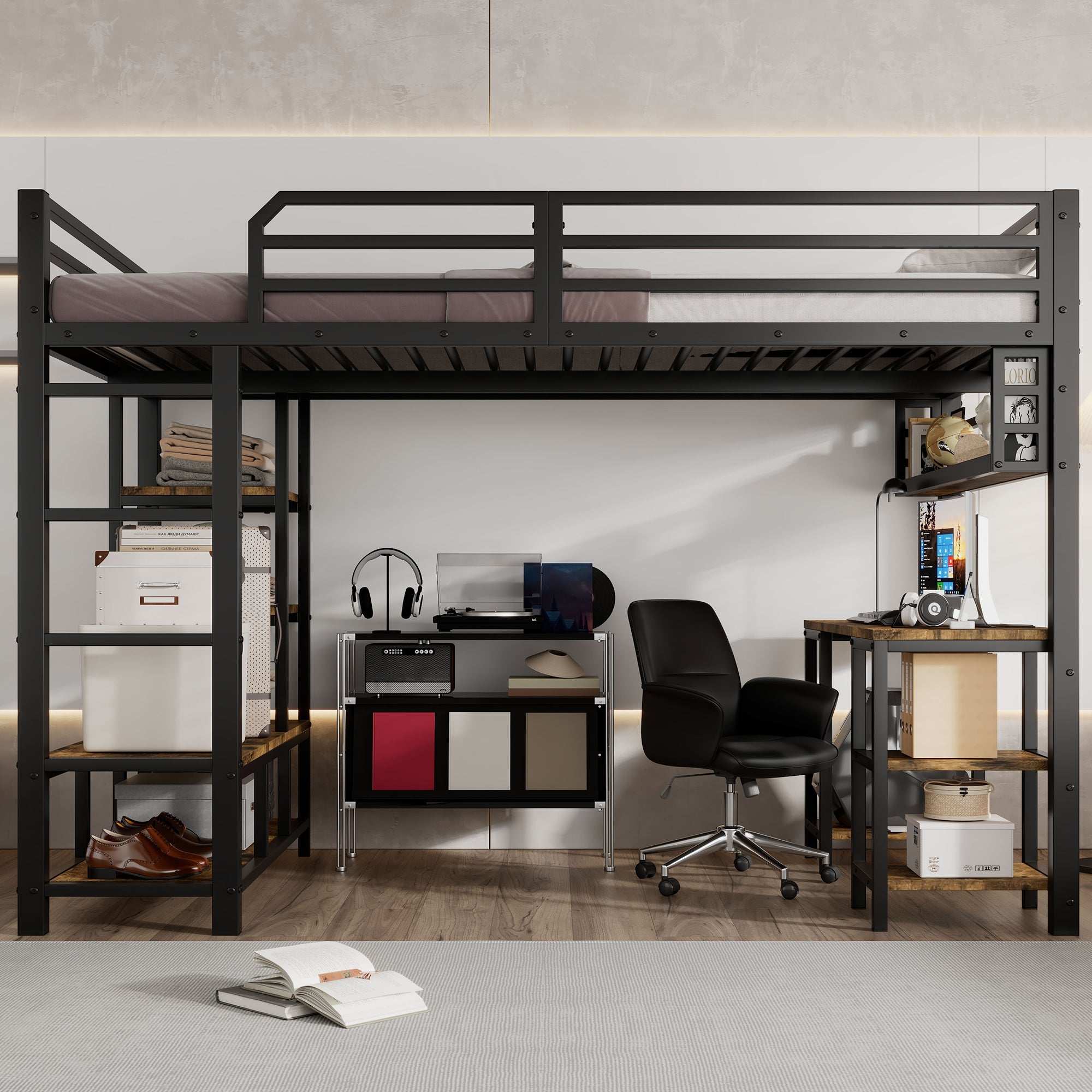 Logidon hoogslaper 120x200 cm metaal zwart met bureau en plank