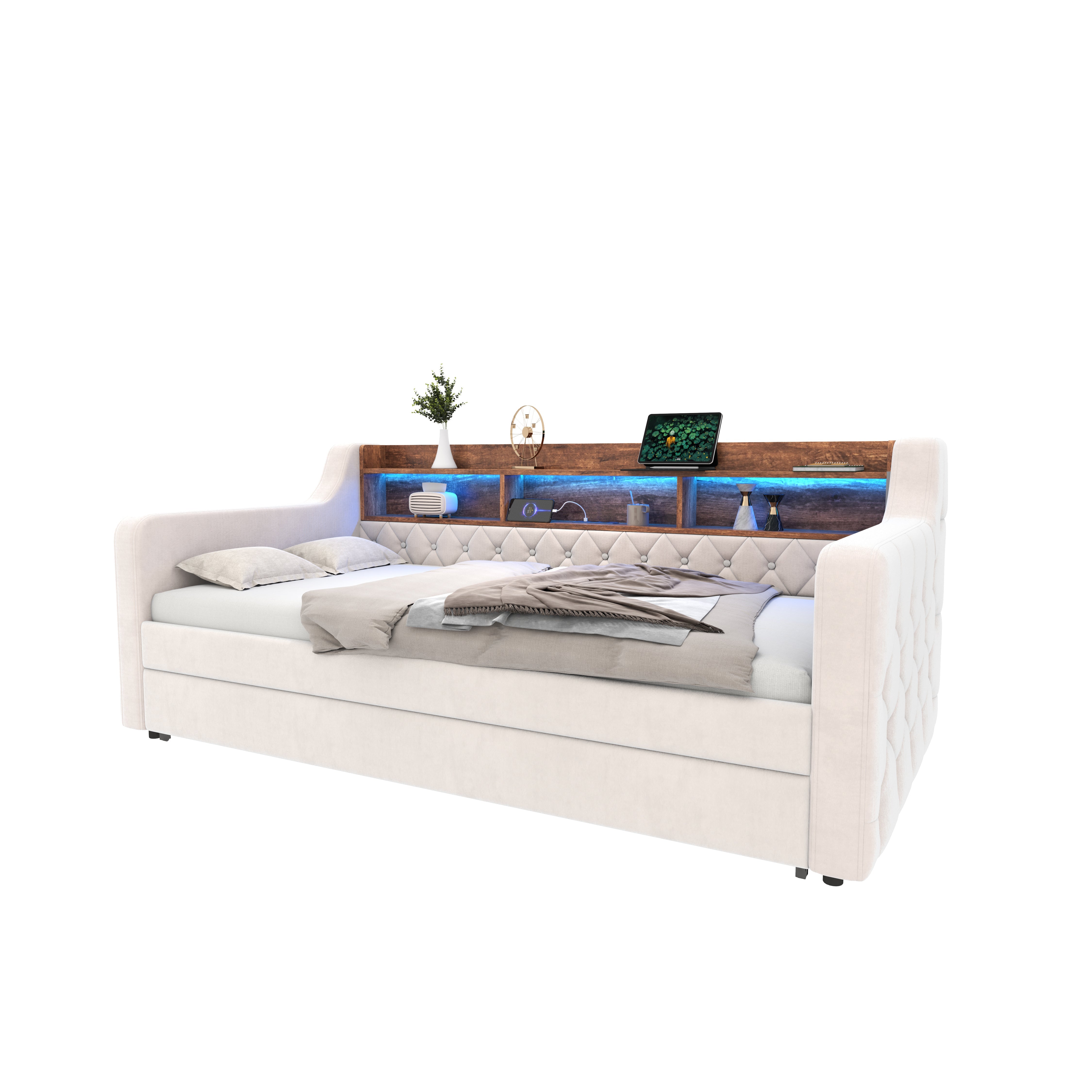 Logidon slaapbank 90x190 cm beige fluweel met opbergruimte LED USB-C