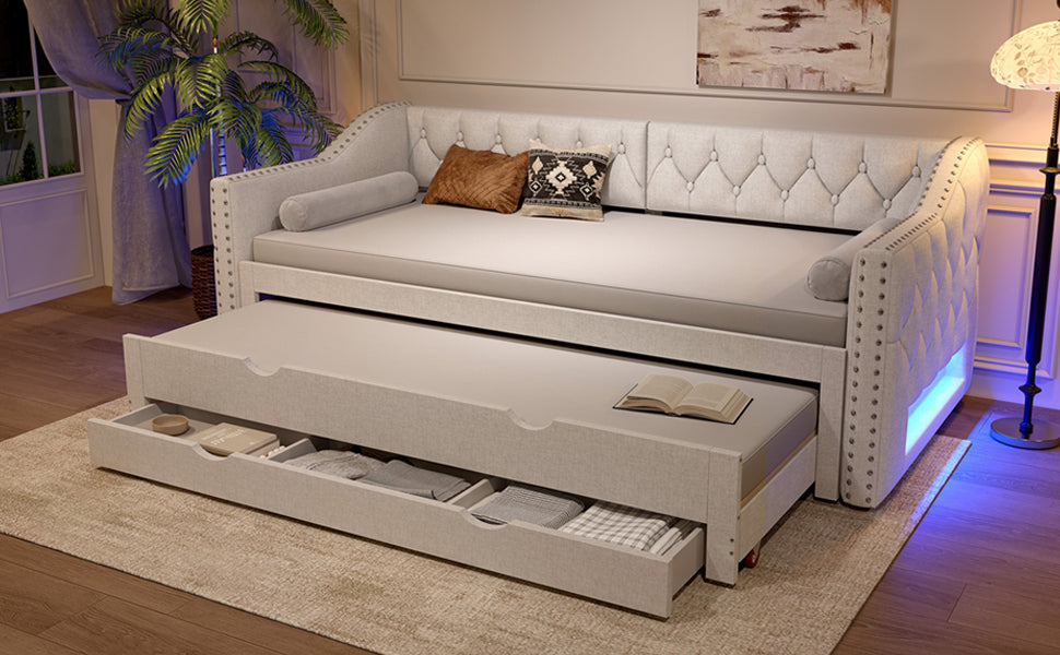 Logidon 90x200 gestoffeerd dagbed met LED-licht uitschuifbaar bed beige