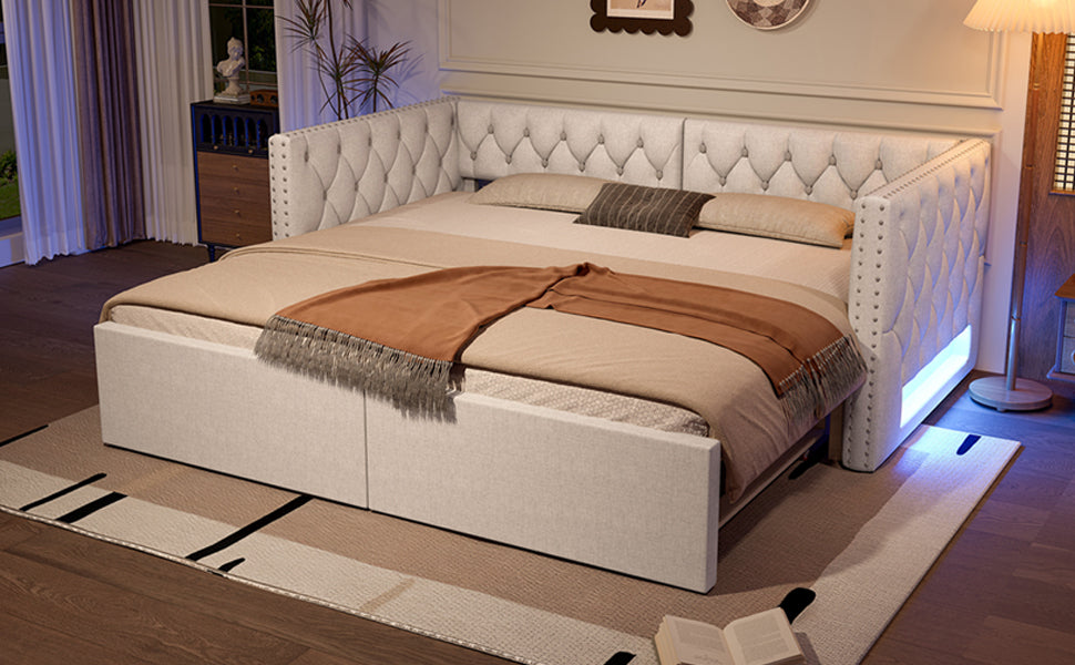 Logidon uitschuifbaar dagbed 90x200 tot 180x200 beige met LED