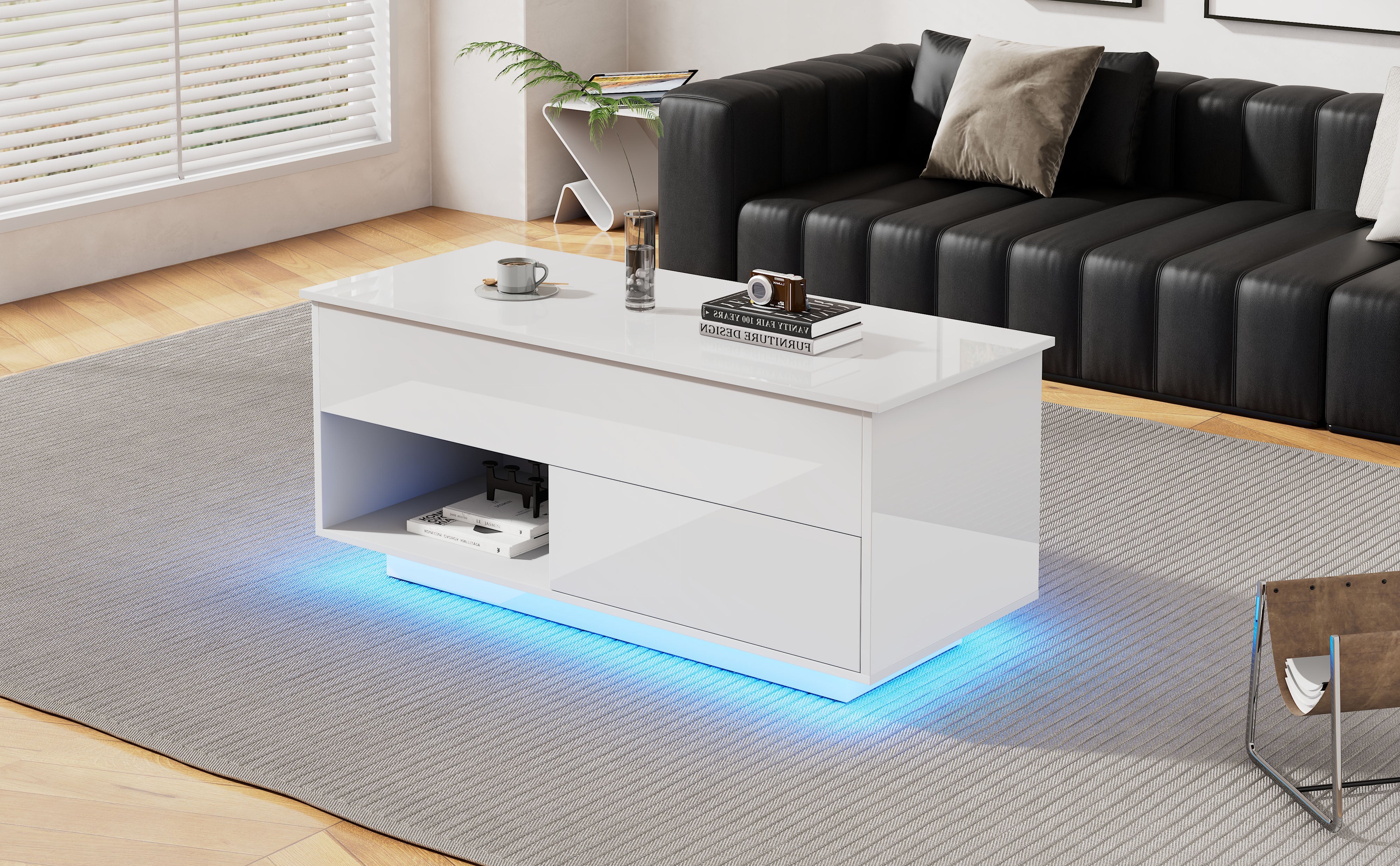 Logidon hoogglans hefsalontafel 100 x 50 cm witte LED-verlichting