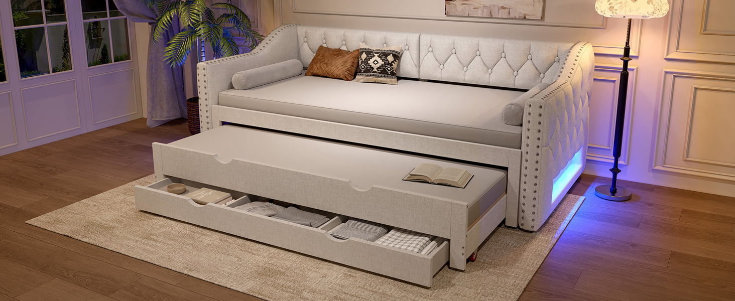 Logidon 90x200 gestoffeerd dagbed met LED-licht uitschuifbaar bed beige