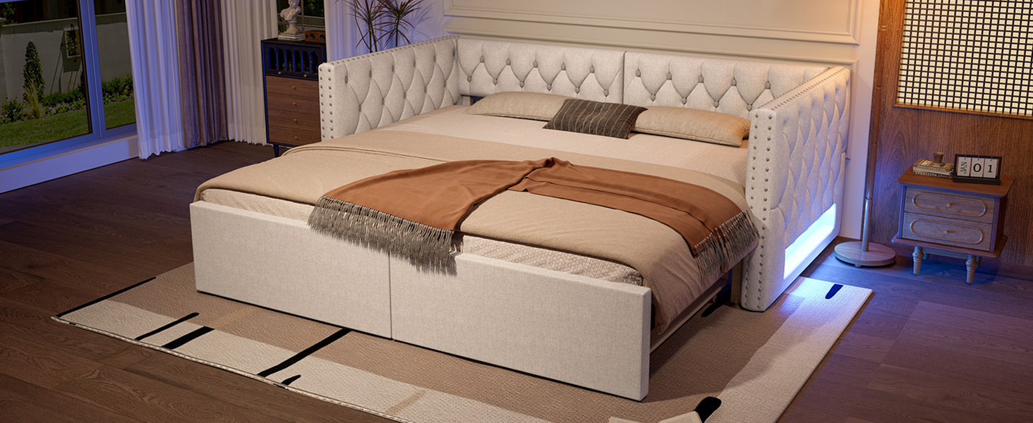 Logidon uitschuifbaar dagbed 90x200 tot 180x200 beige met LED