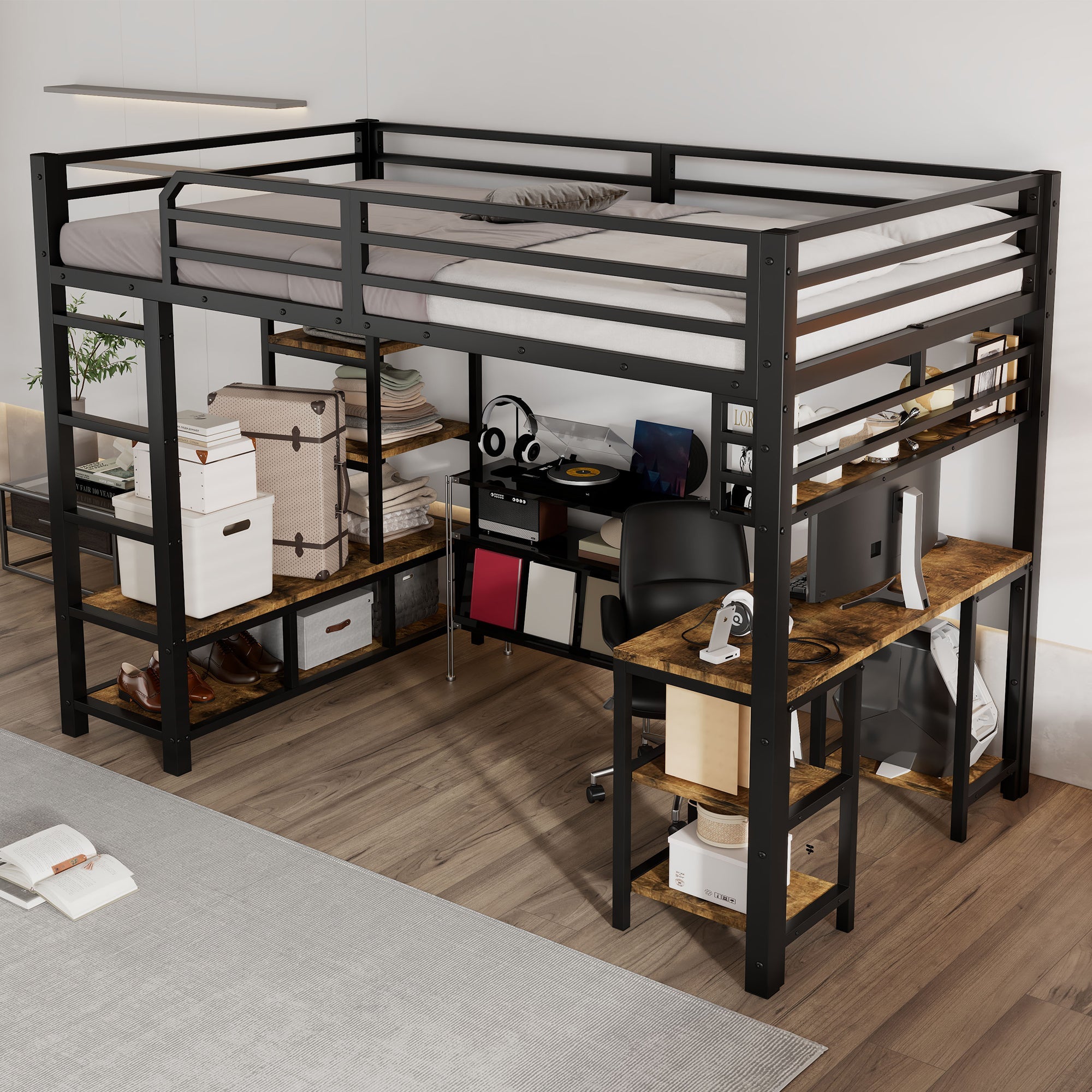 Logidon hoogslaper 120x200 cm metaal zwart met bureau en plank